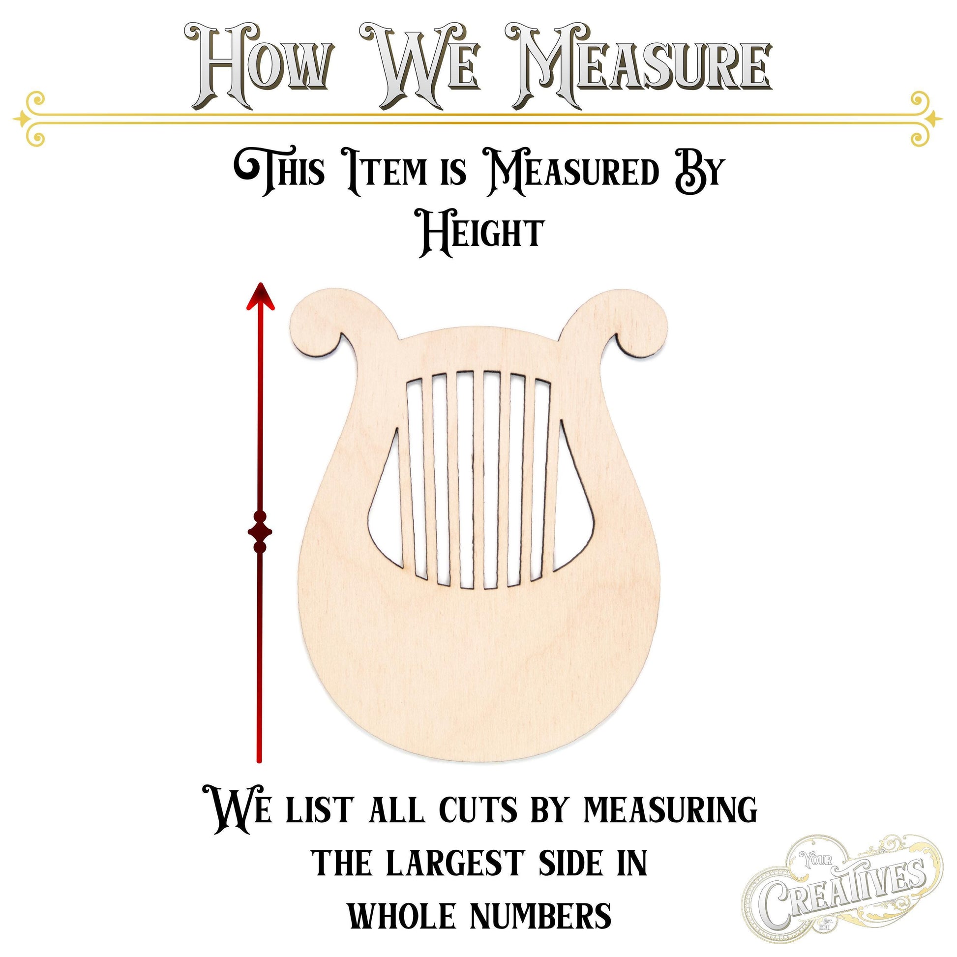 Lyre Harp With Strings Blank Wood Cutout - Laser Cut Unfinished Craft Shape - Multiple Sizes