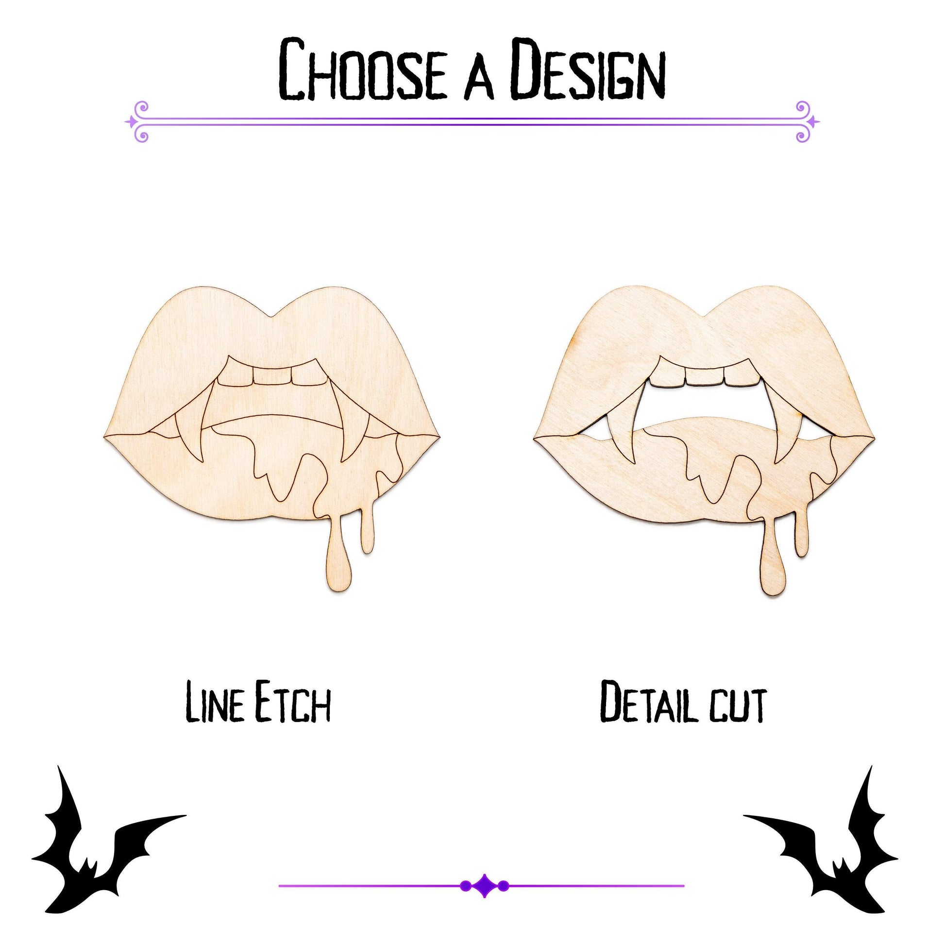 Vampire Lips With Fangs Wood Cutout - Laser Cut Unfinished Craft Shape - Multiple Sizes