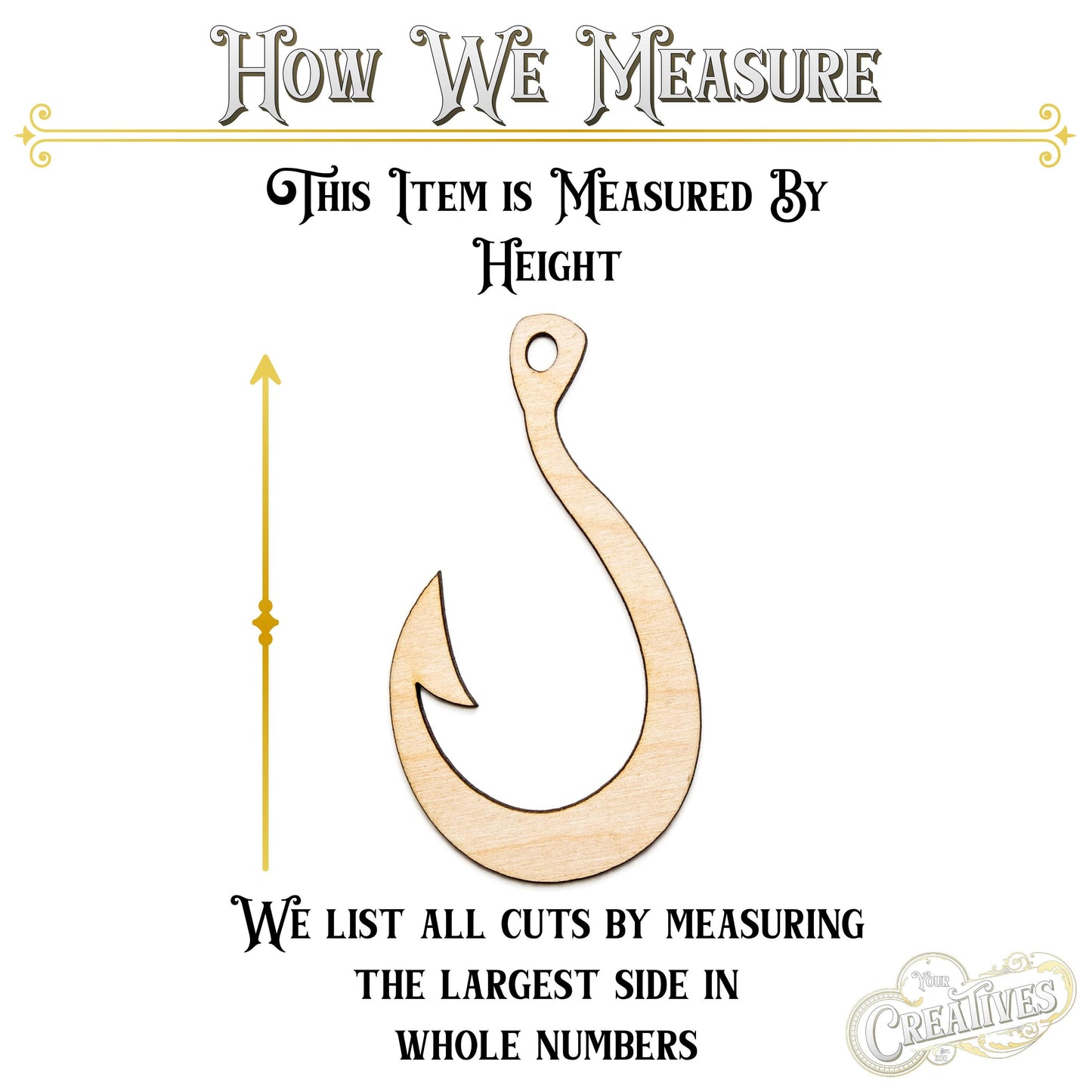 Fish Hook Wood Cutout - Laser Cut Unfinished Craft Shape - Multiple Sizes