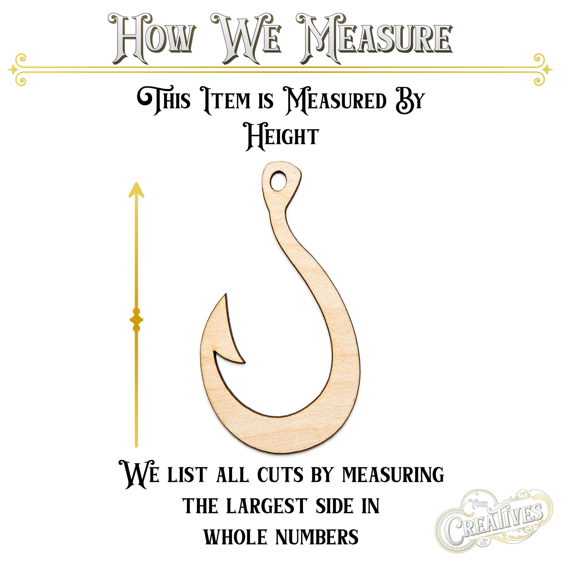 Fish Hook Wood Cutout - Laser Cut Unfinished Craft Shape - Multiple Sizes
