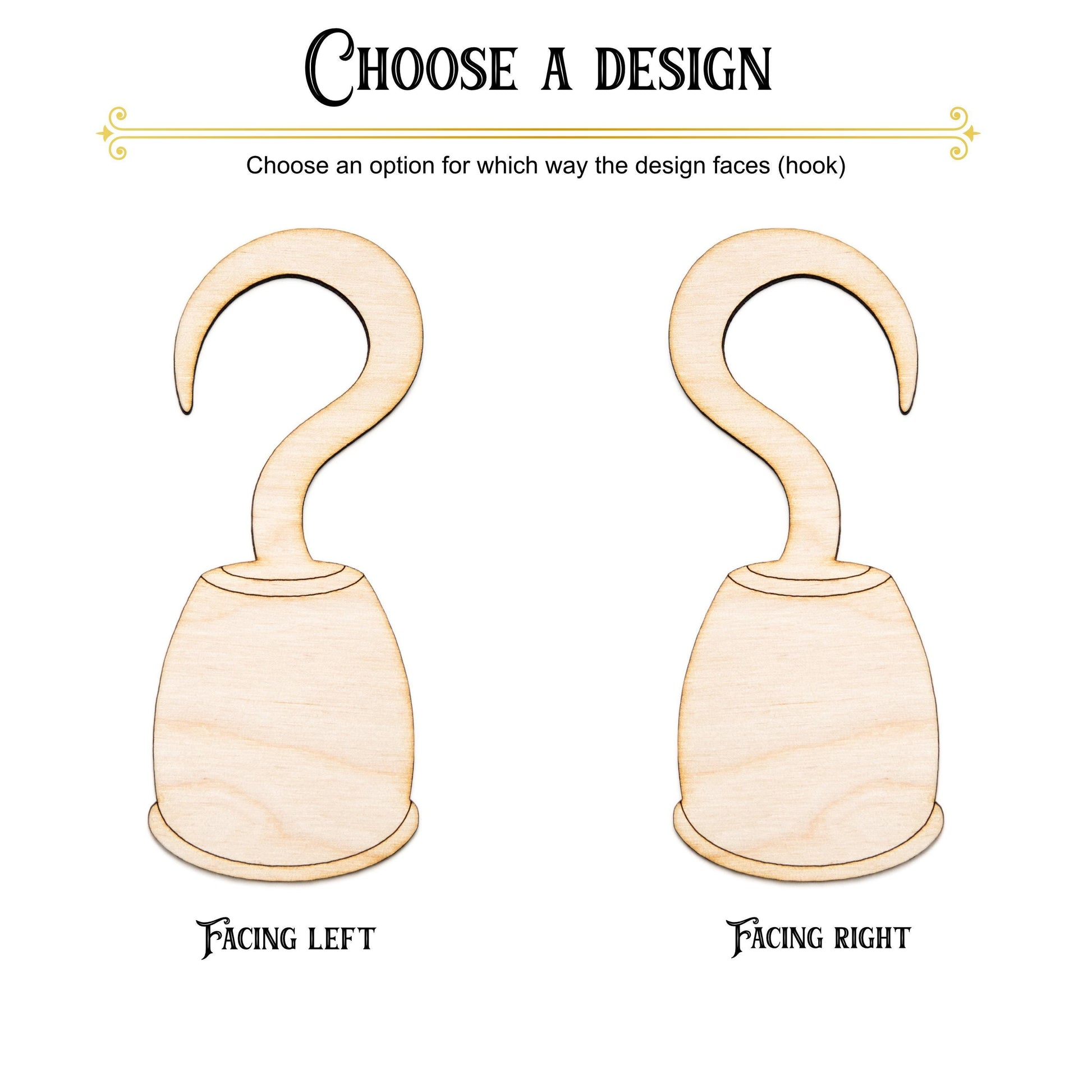 Pirate Hook Wood Cutout - Laser Cut Unfinished Craft Shape - Multiple Sizes