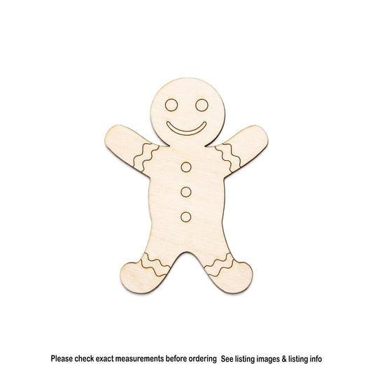 Gingerbread Man Detailed Wood Cutout - Laser Cut Unfinished Craft Shape - Multiple Sizes
