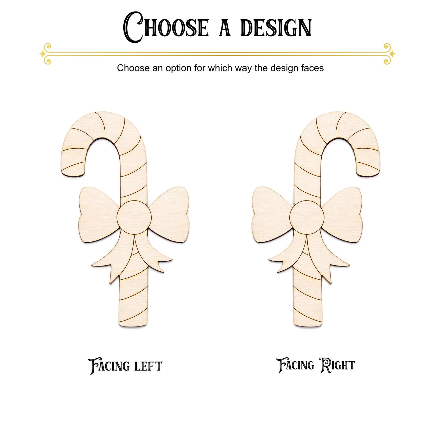 Candy Cane With Bow Detailed Wood Cutout - Laser Cut Unfinished Craft Shape - Multiple Sizes