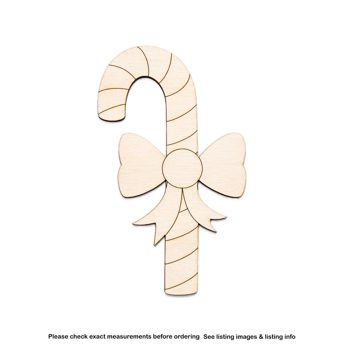 Candy Cane With Bow Detailed Wood Cutout - Laser Cut Unfinished Craft Shape - Multiple Sizes