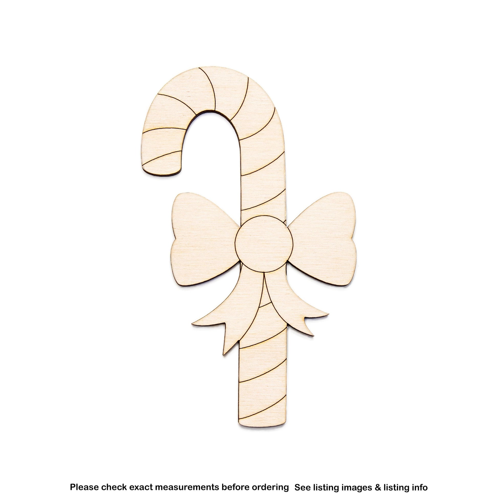 Candy Cane With Bow Detailed Wood Cutout - Laser Cut Unfinished Craft Shape - Multiple Sizes