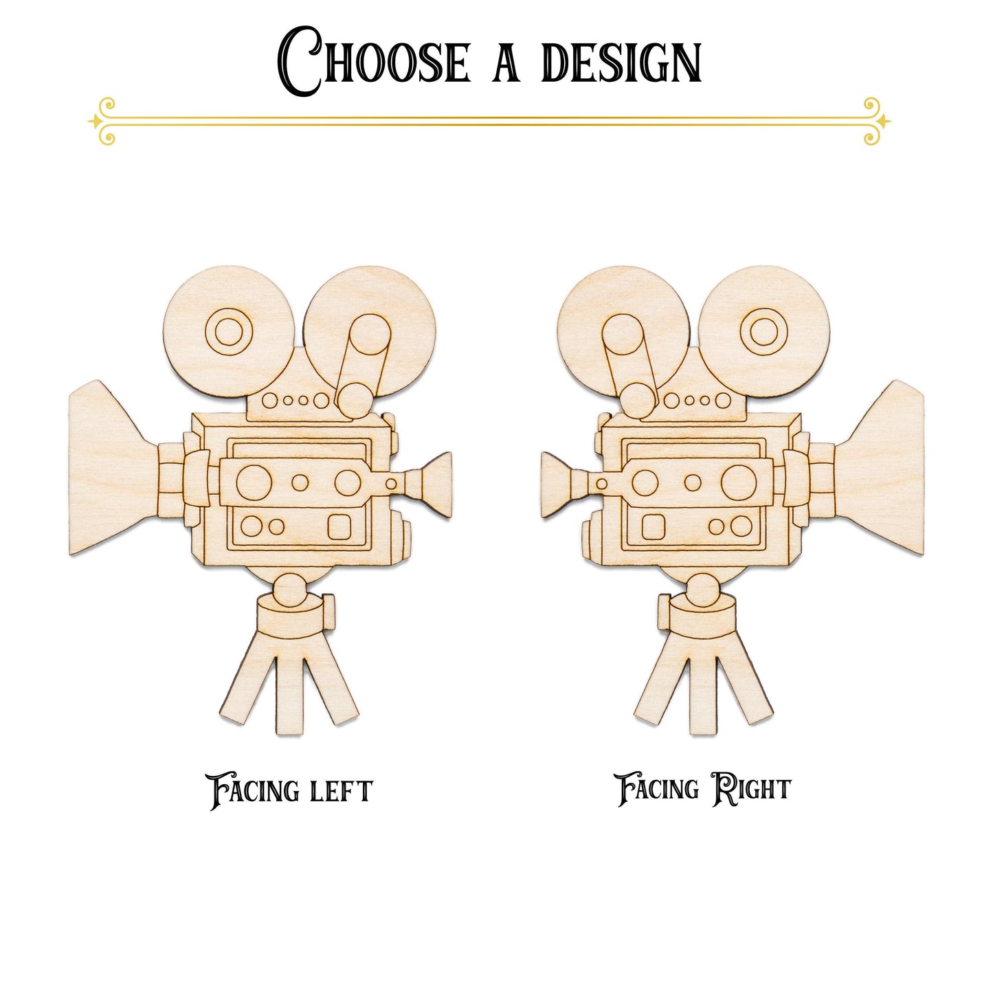 Movie Film Camera With Tripod Wood Cutout - Laser Cut Unfinished Craft Shape - Multiple Sizes