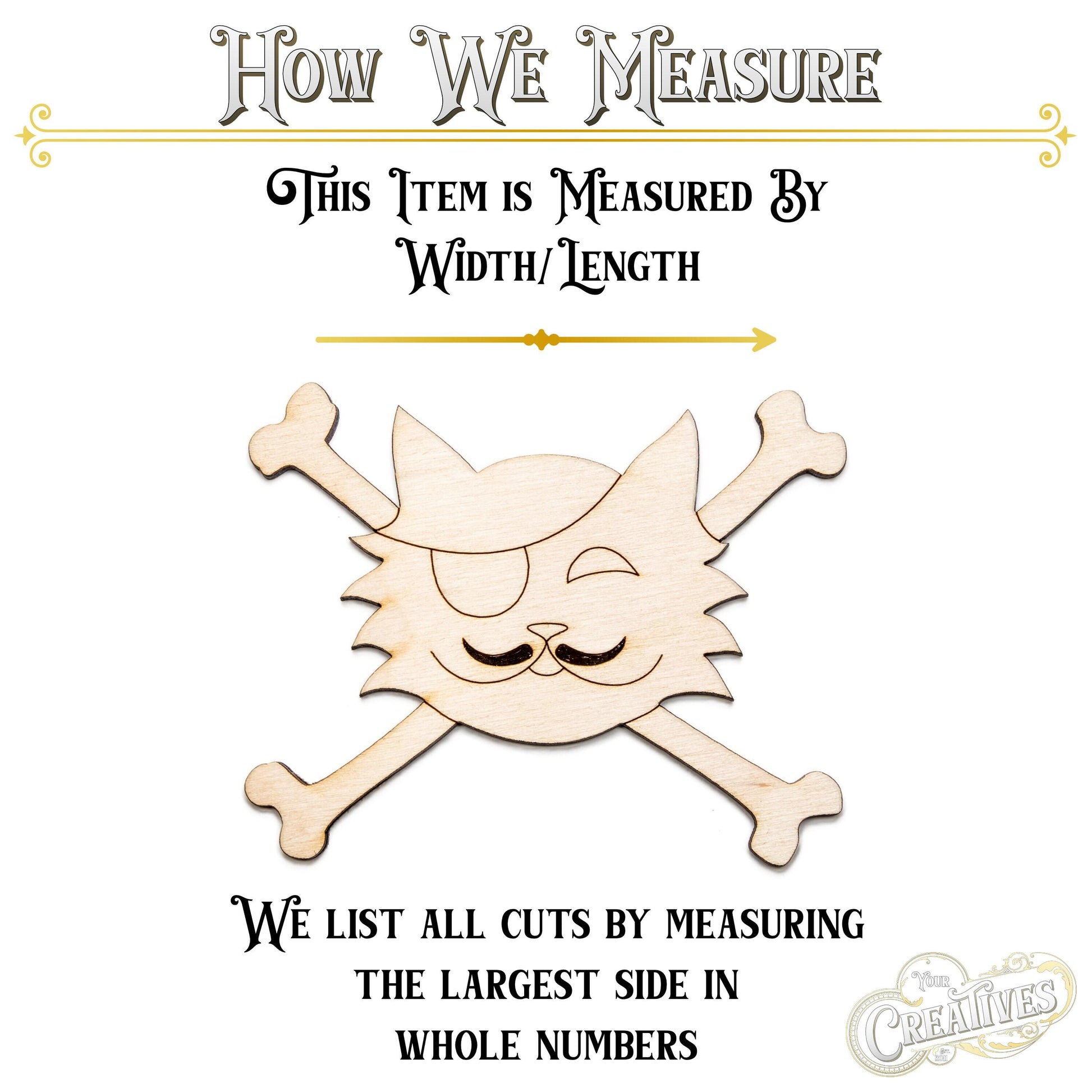 Pirate Mustache Cat And Crossbones Wood Cutout - Laser Cut Unfinished Craft Shape - Multiple Sizes