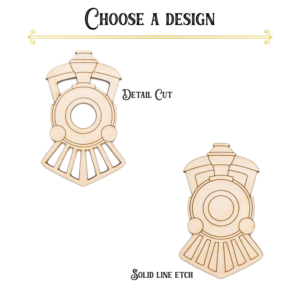 Train Front View Detailed Wood Cutout - Laser Cut Unfinished Craft Shape - Multiple Sizes