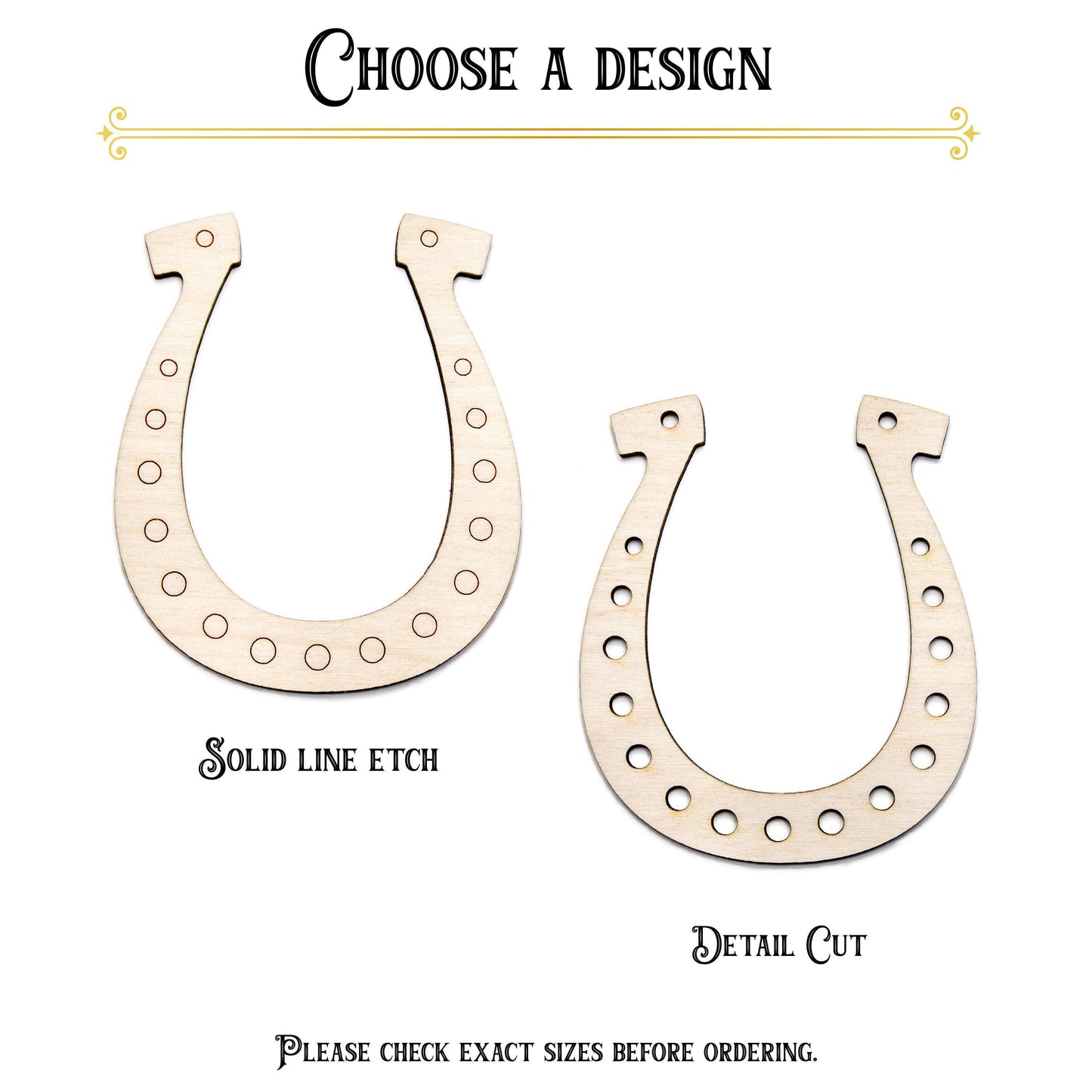 Horseshoe Detailed Wood Cutout - Laser Cut Unfinished Craft Shape - Multiple Sizes