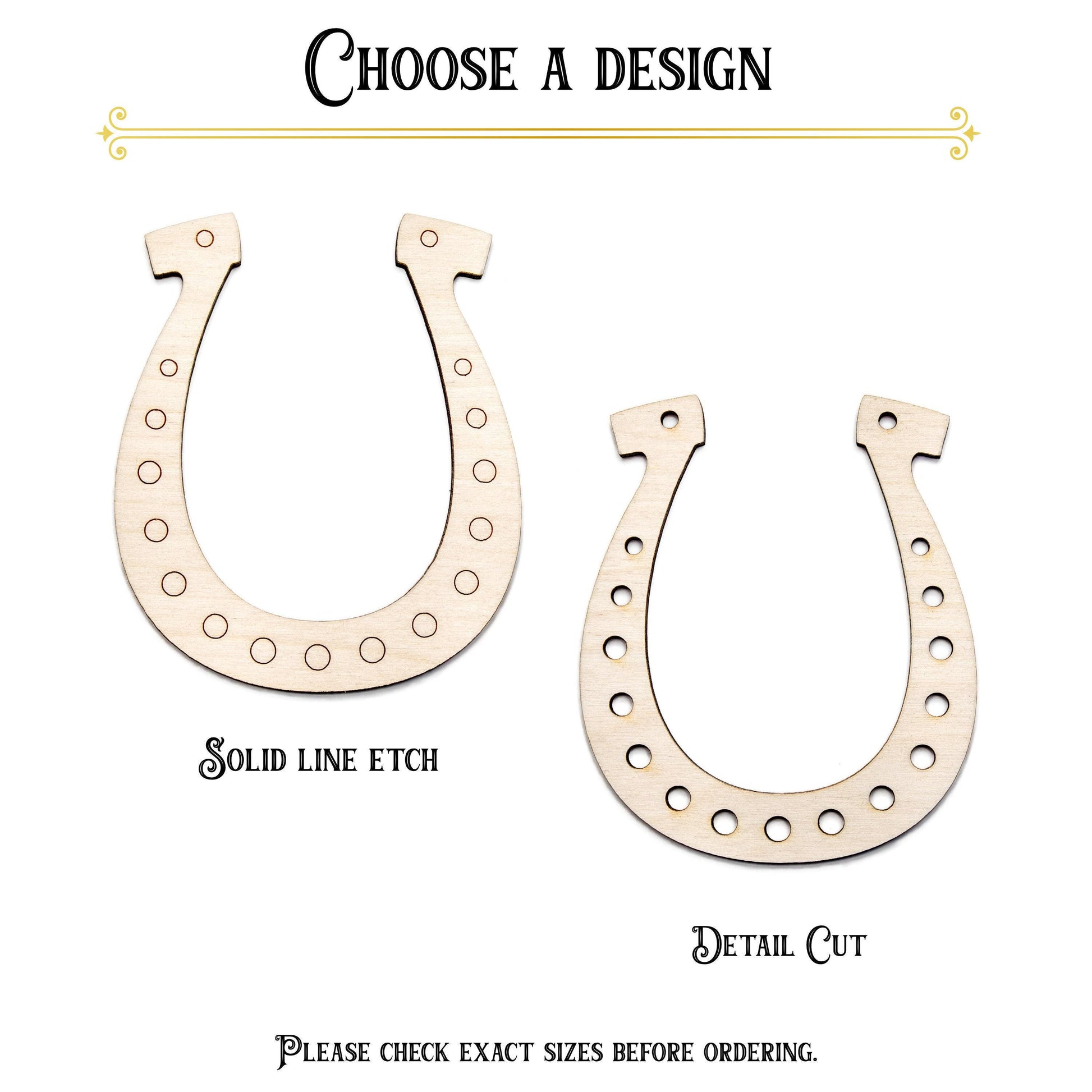 Horseshoe Detailed Wood Cutout - Laser Cut Unfinished Craft Shape - Multiple Sizes