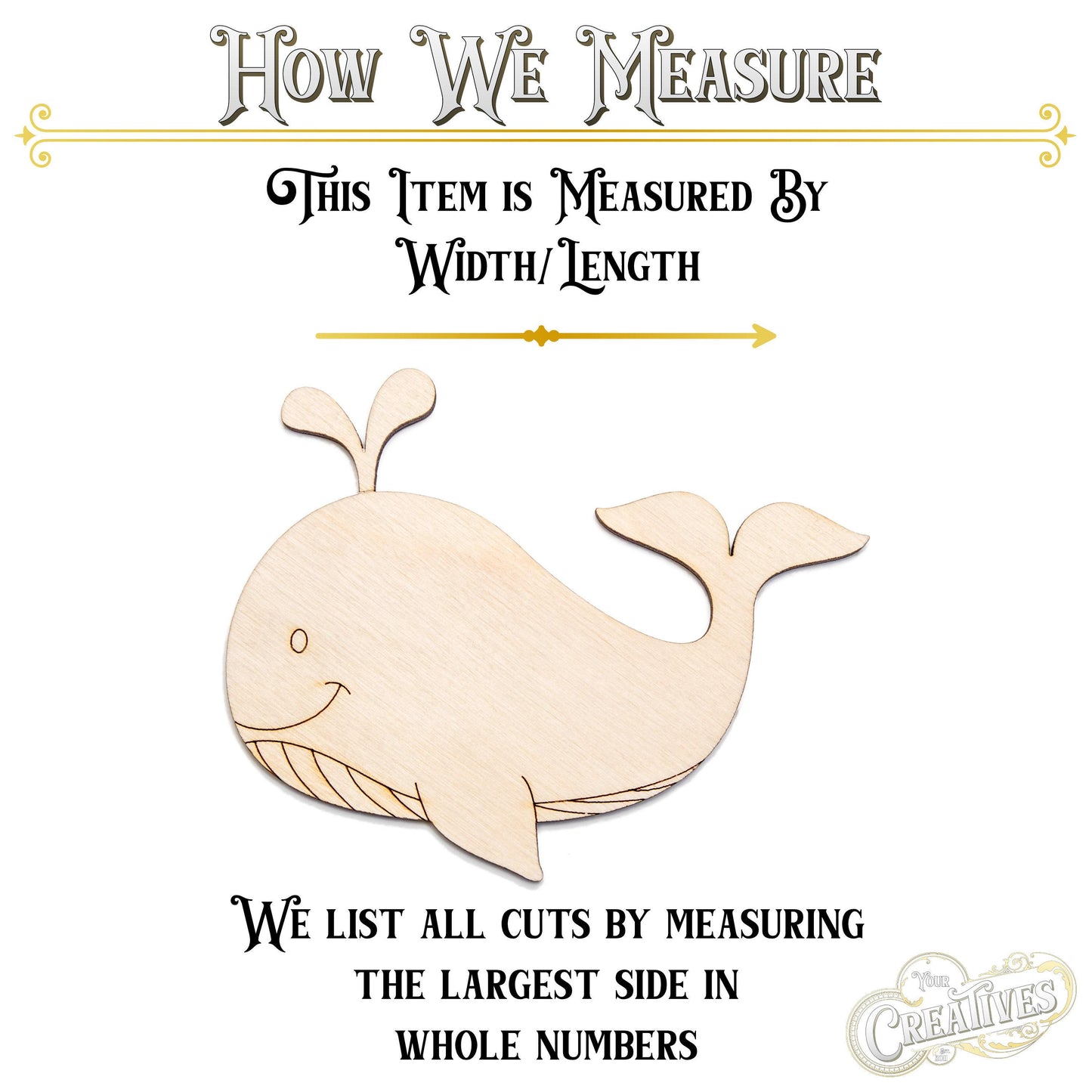 Whale Cute Detailed Wood Cutout - Laser Cut Unfinished Craft Shape - Multiple Sizes
