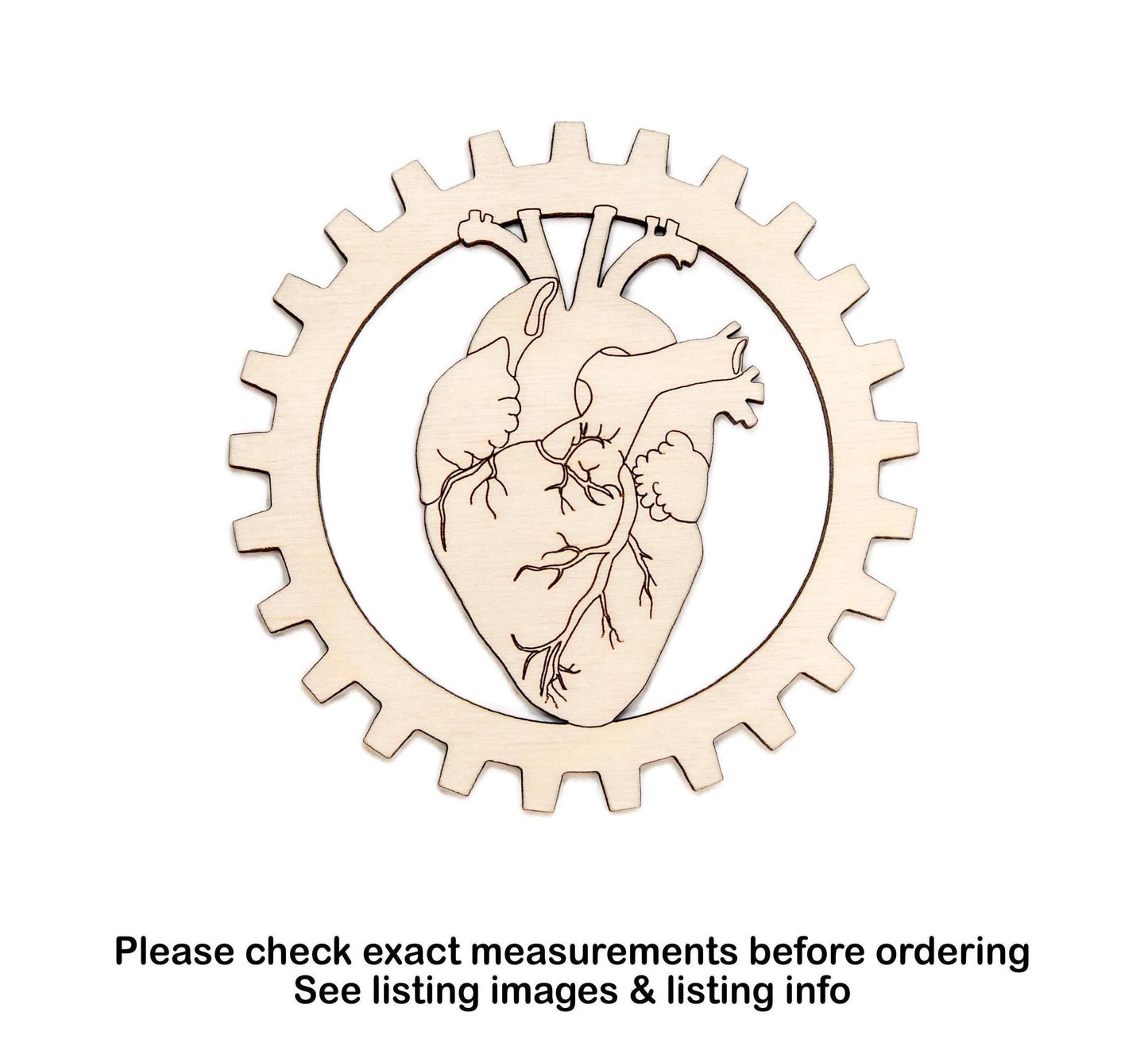 Anatomical Heart Gear Wood Cutout - Laser Cut Unfinished Craft Shape - Multiple Sizes