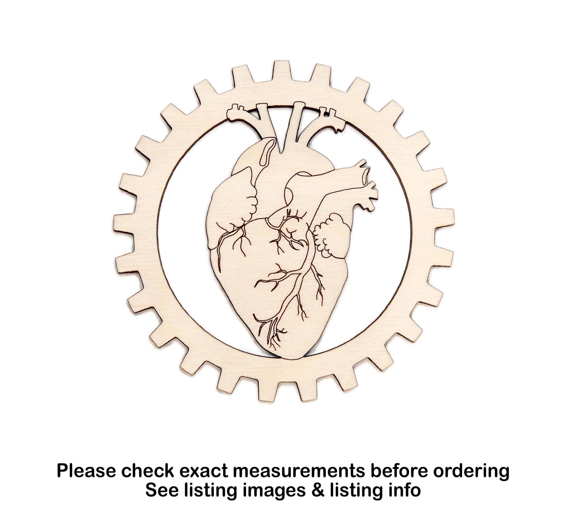 Anatomical Heart Gear Wood Cutout - Laser Cut Unfinished Craft Shape - Multiple Sizes