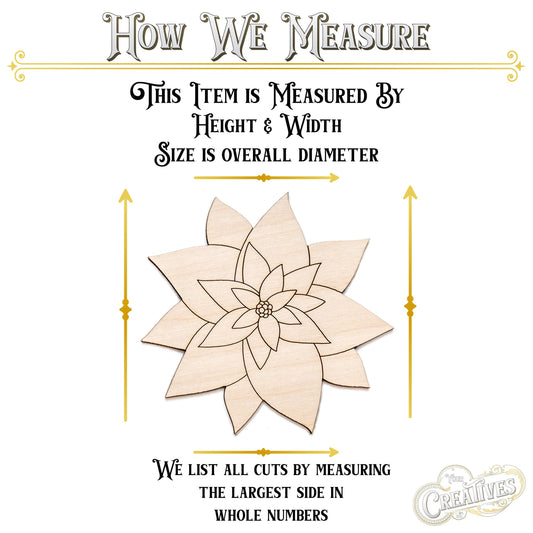 Poinsettia Flower Detailed Wood Cutout - Laser Cut Unfinished Craft Shape - Multiple Sizes