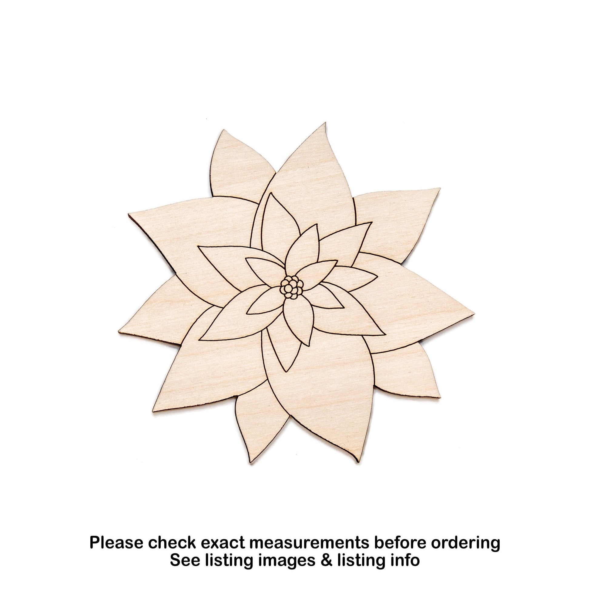 Poinsettia Flower Detailed Wood Cutout - Laser Cut Unfinished Craft Shape - Multiple Sizes