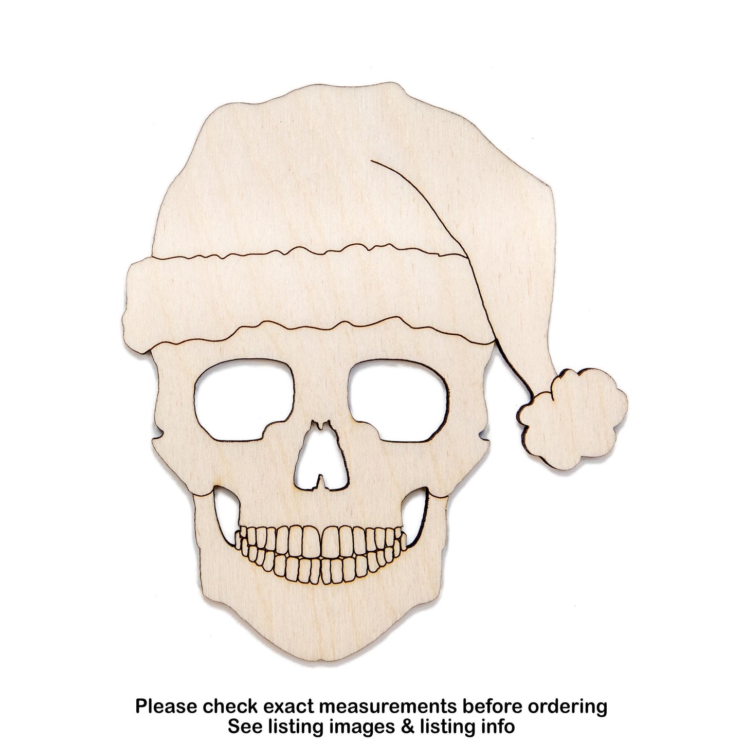 Skull With Santa Hat Detailed Wood Cutout - Laser Cut Unfinished Craft Shape - Multiple Sizes