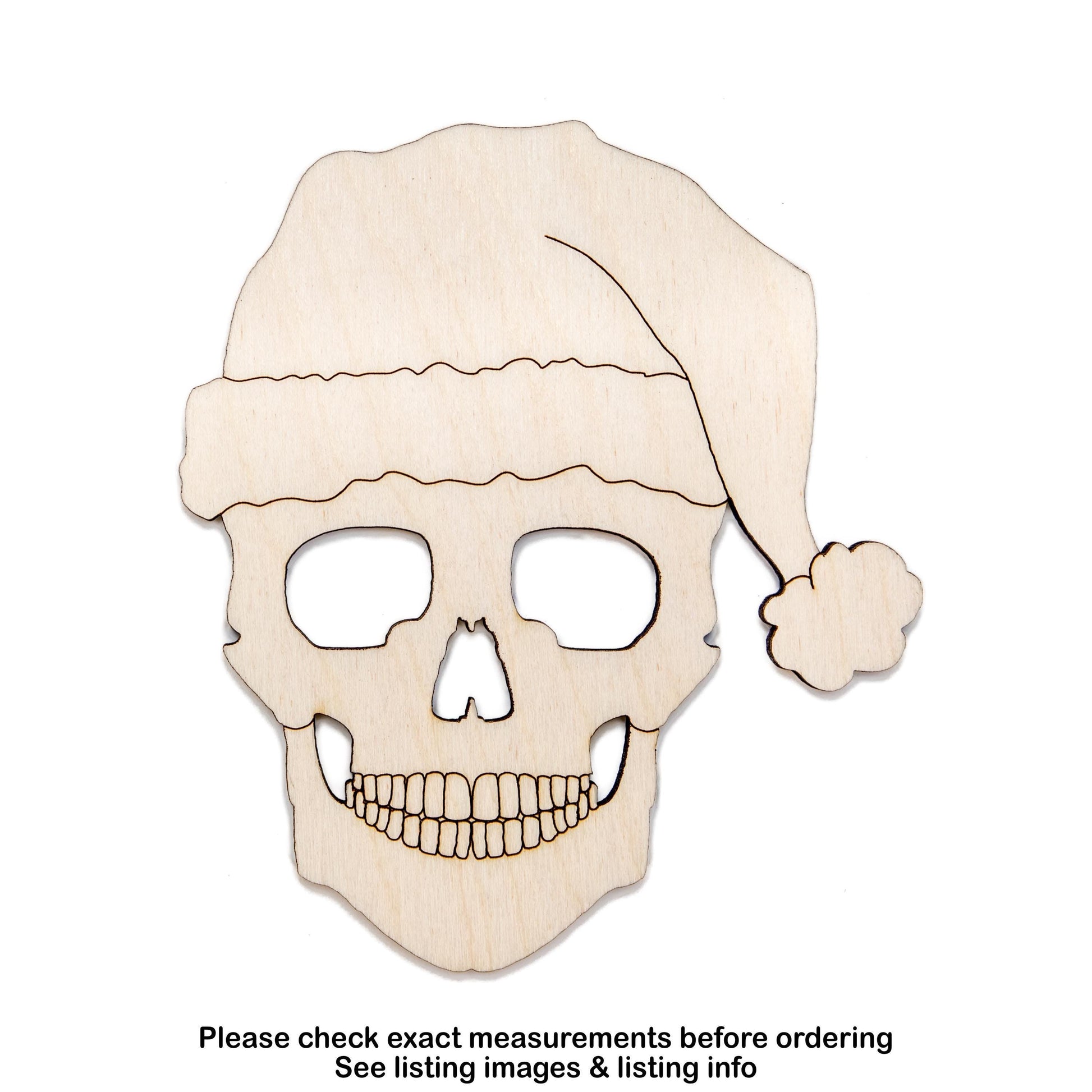 Skull With Santa Hat Detailed Wood Cutout - Laser Cut Unfinished Craft Shape - Multiple Sizes