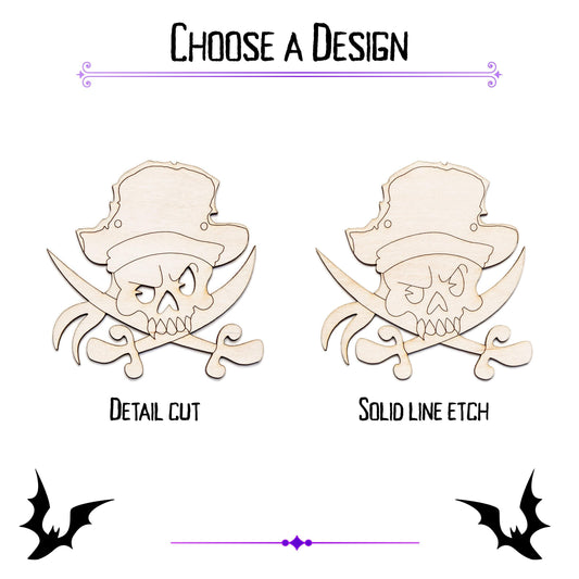 Pirate Vampire Skull And Swords Wood Cutout - Laser Cut Unfinished Craft Shape - Multiple Sizes