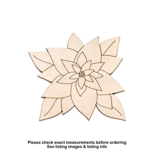 Poinsettia Flower With Leaves Wood Cutout - Laser Cut Unfinished Craft Shape - Multiple Sizes