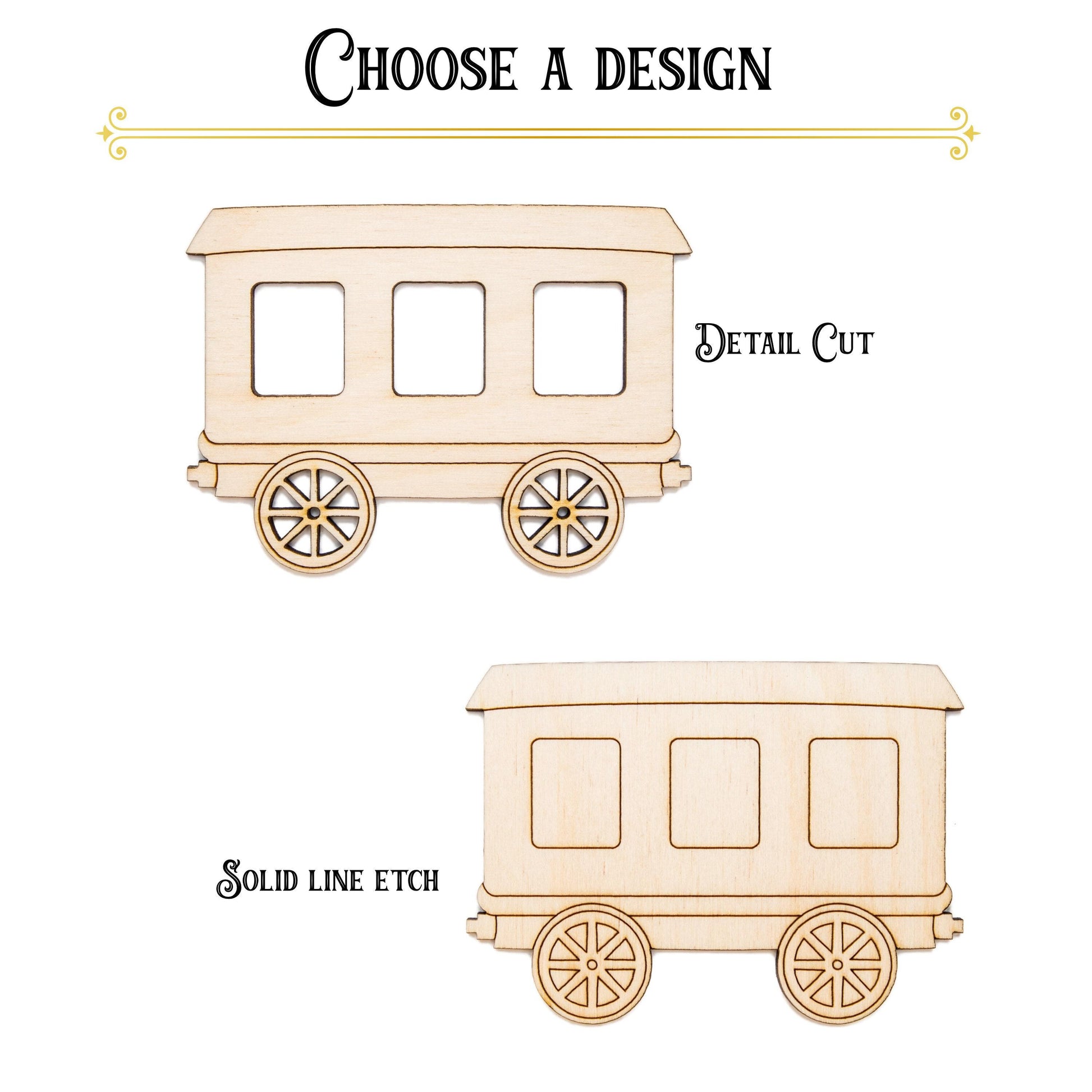 Train Car Detailed Wood Cutout - Laser Cut Unfinished Craft Shape - Multiple Sizes