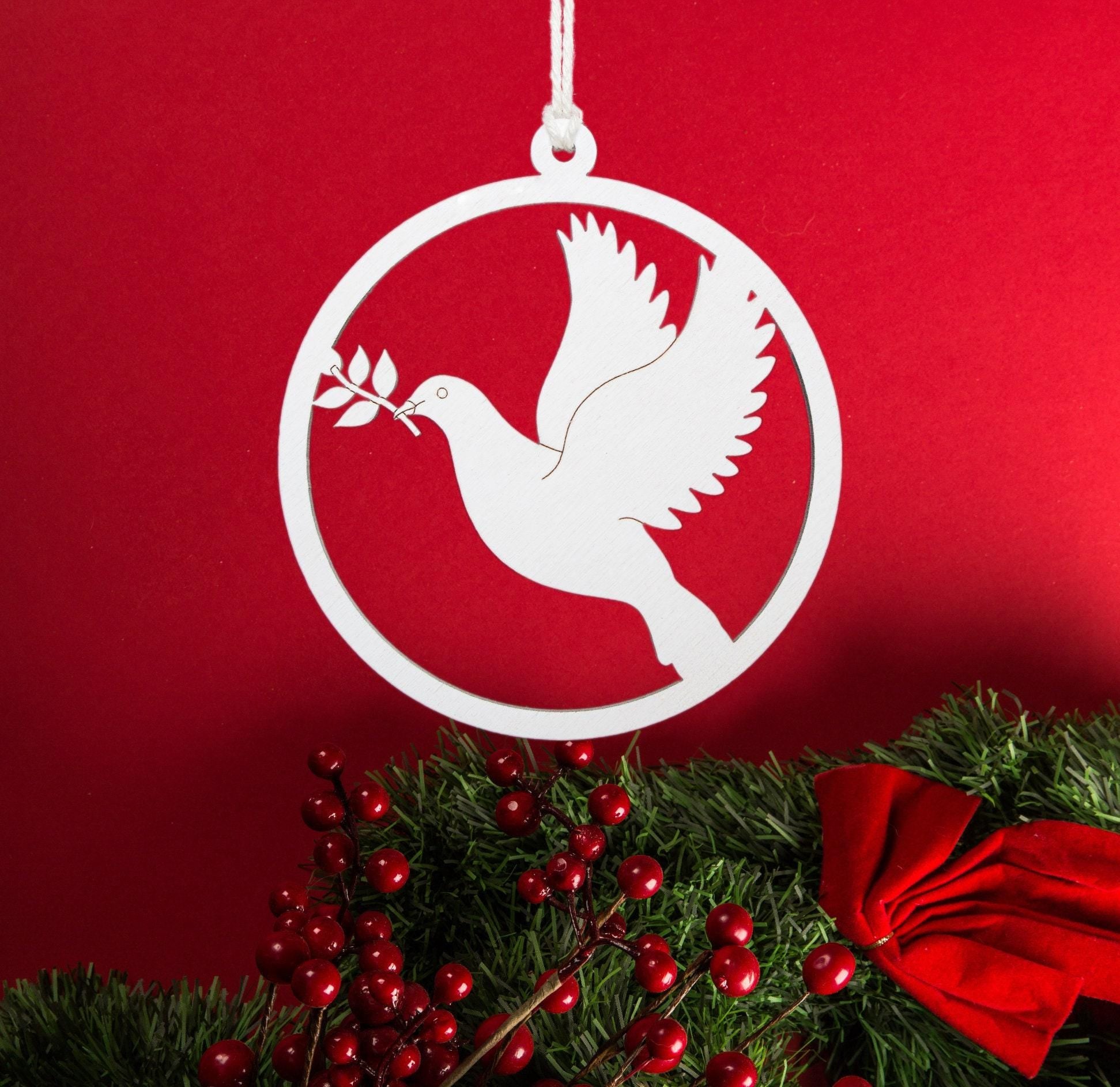 Dove With Olive Branch Painted Wood Ornament - Laser Cut Christmas Ornament - Multiple Sizes