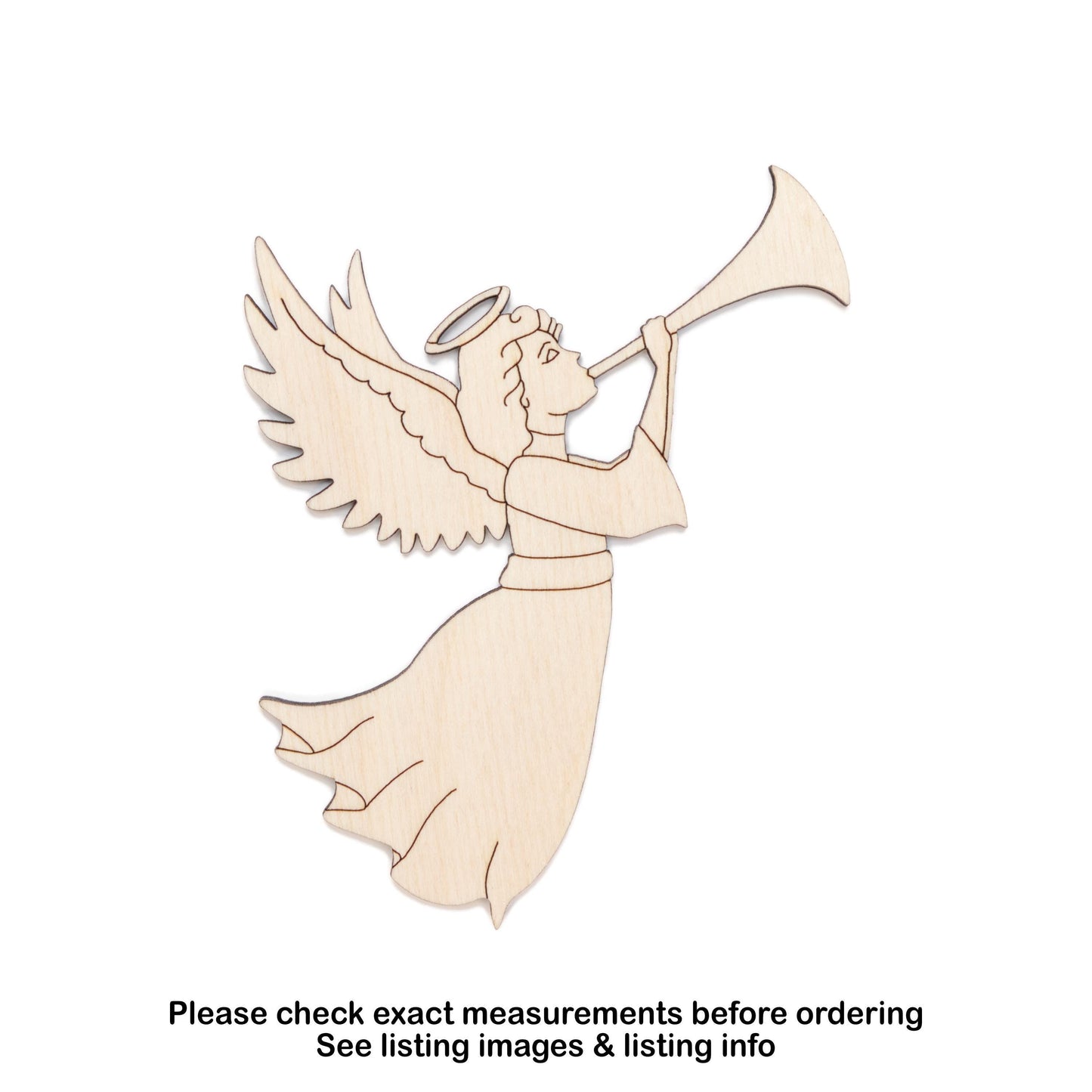 Angel With Trumpet Wood Cutout - Laser Cut Unfinished Craft Shape - Multiple Sizes