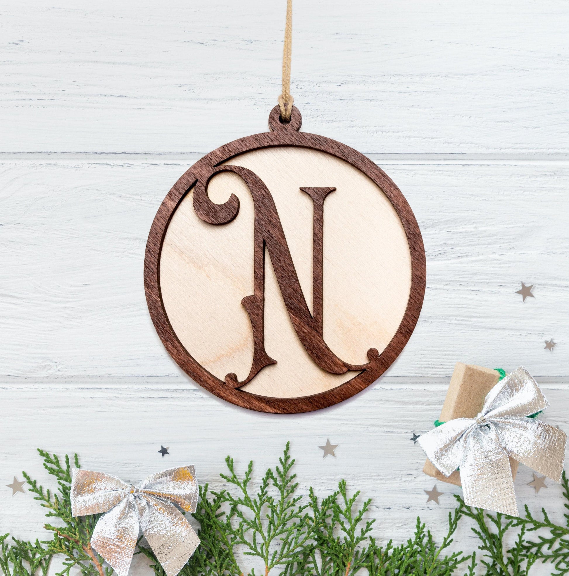 Custom Monogram Painted Two Layer Wood Ornament - Laser Cut Personalized Holiday Craft Shape