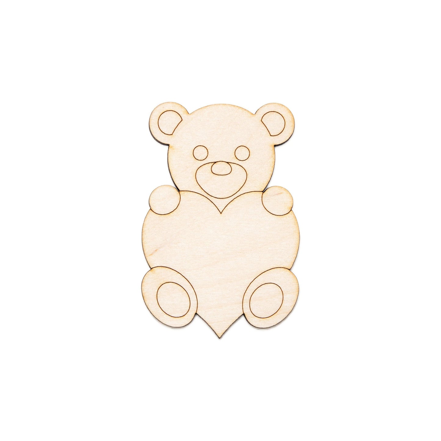 Teddy Bear With Heart Wood Cutout - Laser Cut Unfinished Craft Shape - Multiple Sizes