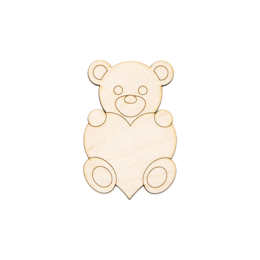 Teddy Bear With Heart Wood Cutout - Laser Cut Unfinished Craft Shape - Multiple Sizes