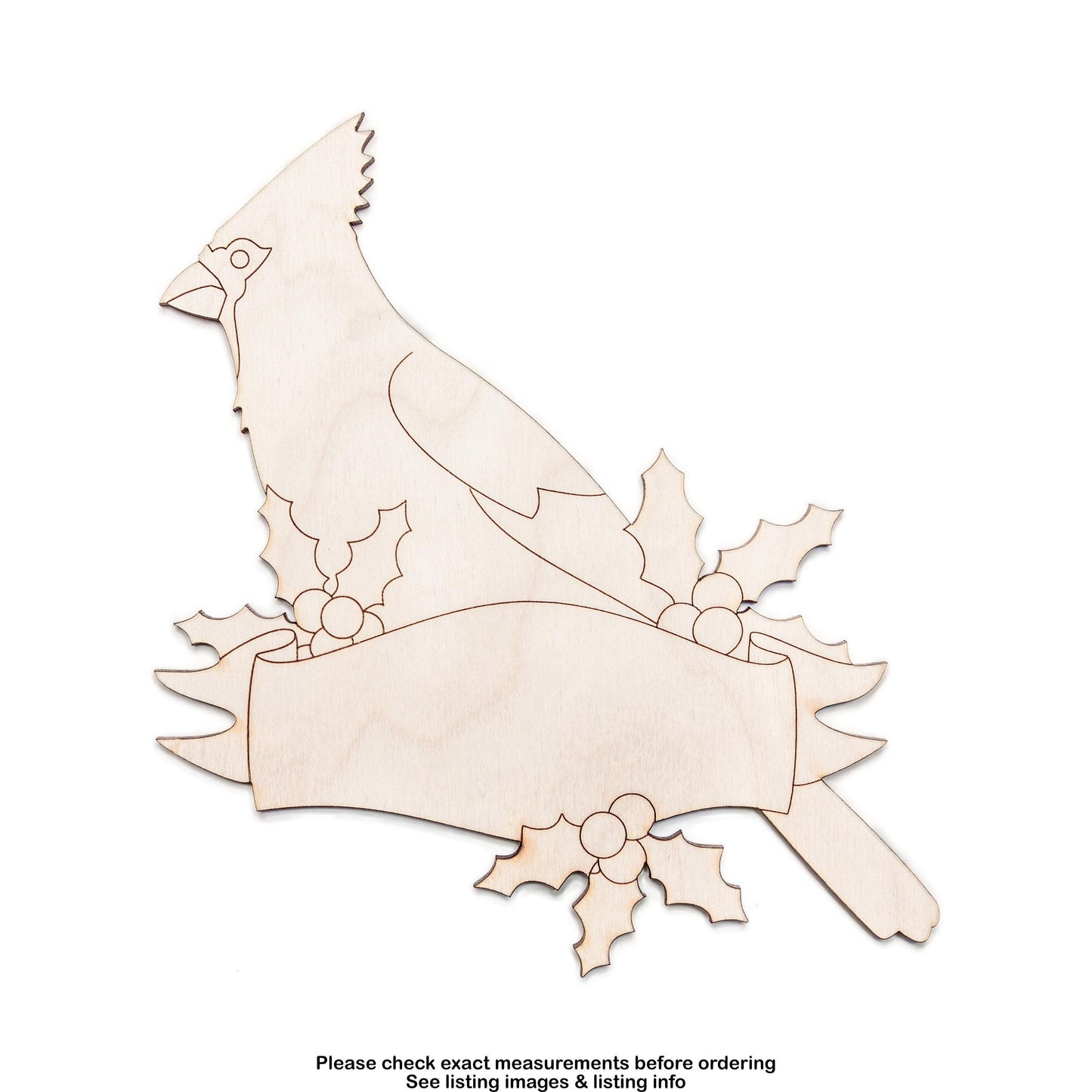 Cardinal Holiday Banner Detailed Wood Cutout - Laser Cut Unfinished Craft Shape - Multiple Sizes