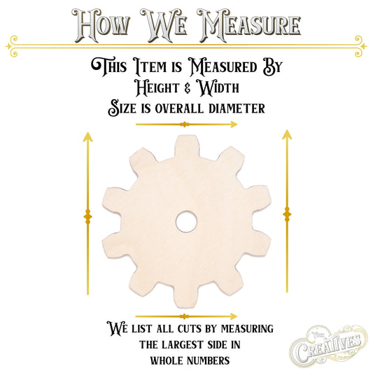 Solid 10 Tooth Gear Wood Cutout - Laser Cut Unfinished Craft Shape - Multiple Sizes