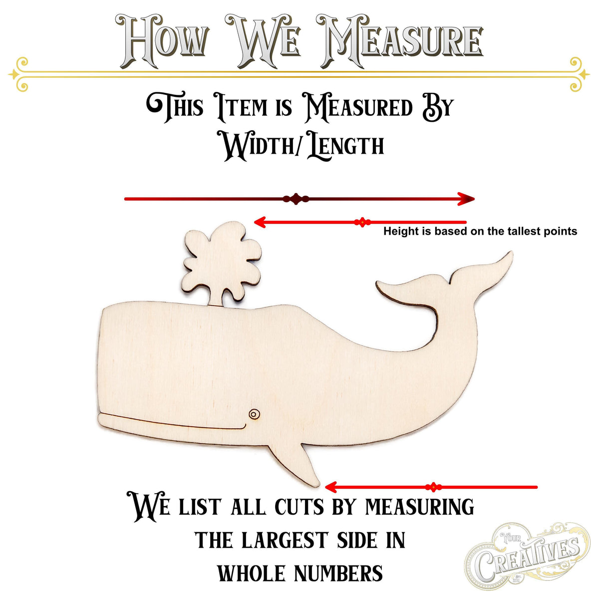 Cute Sperm Whale With Spout Detailed Wood Cutout - Laser Cut Unfinished Craft Shape - Multiple Sizes