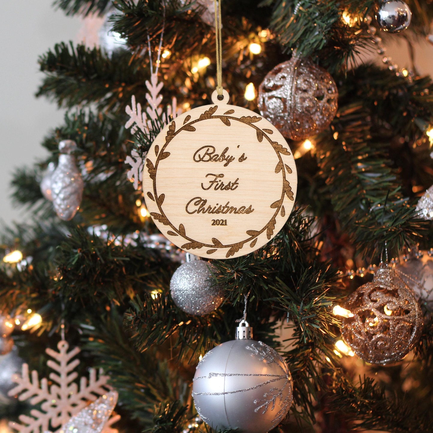 Baby's First Christmas Etched Wood Ornament - Laser Cut Unfinished Holiday Craft Shape