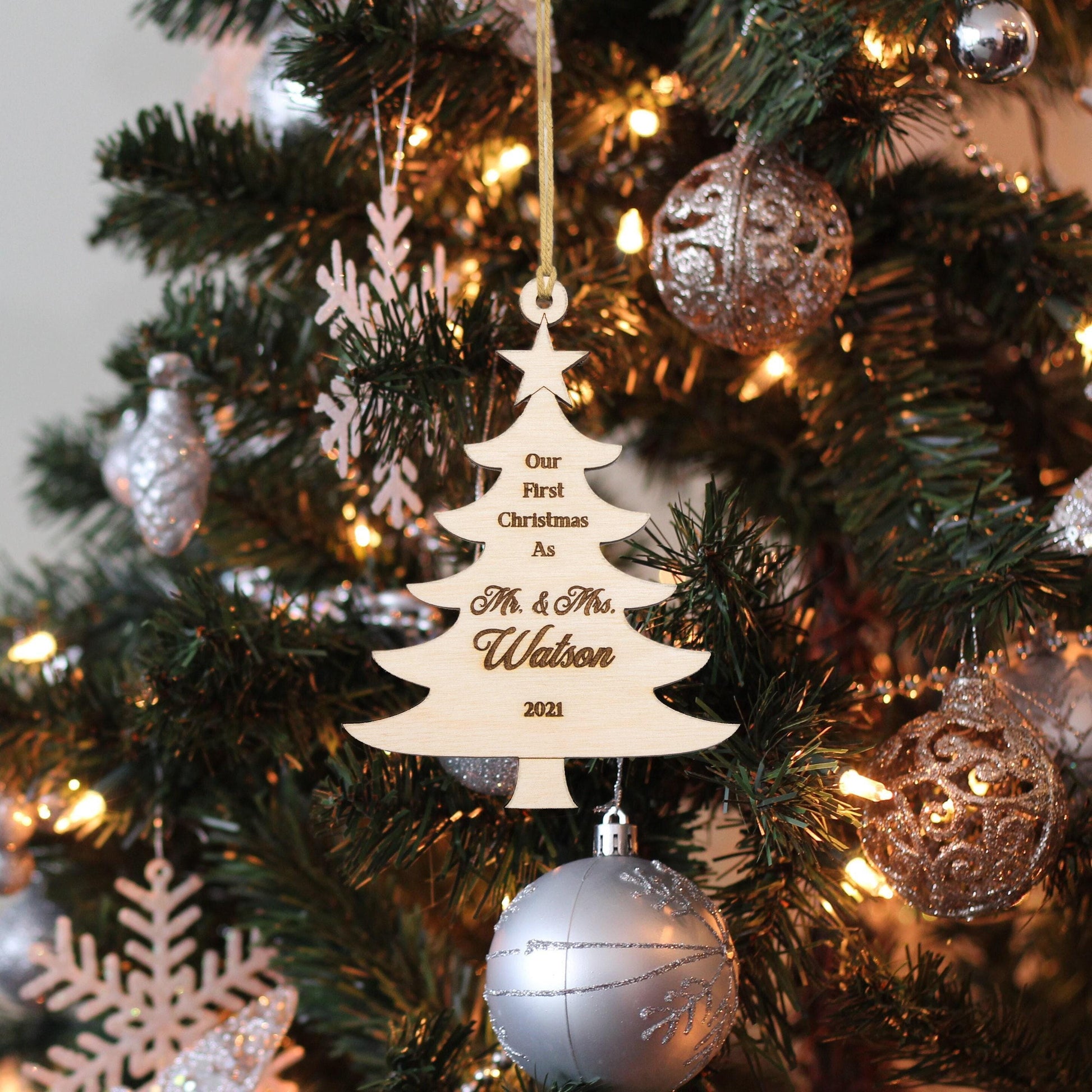 Newlywed First Christmas Custom Wood Ornament - Laser Cut Unfinished Holiday Craft Shape
