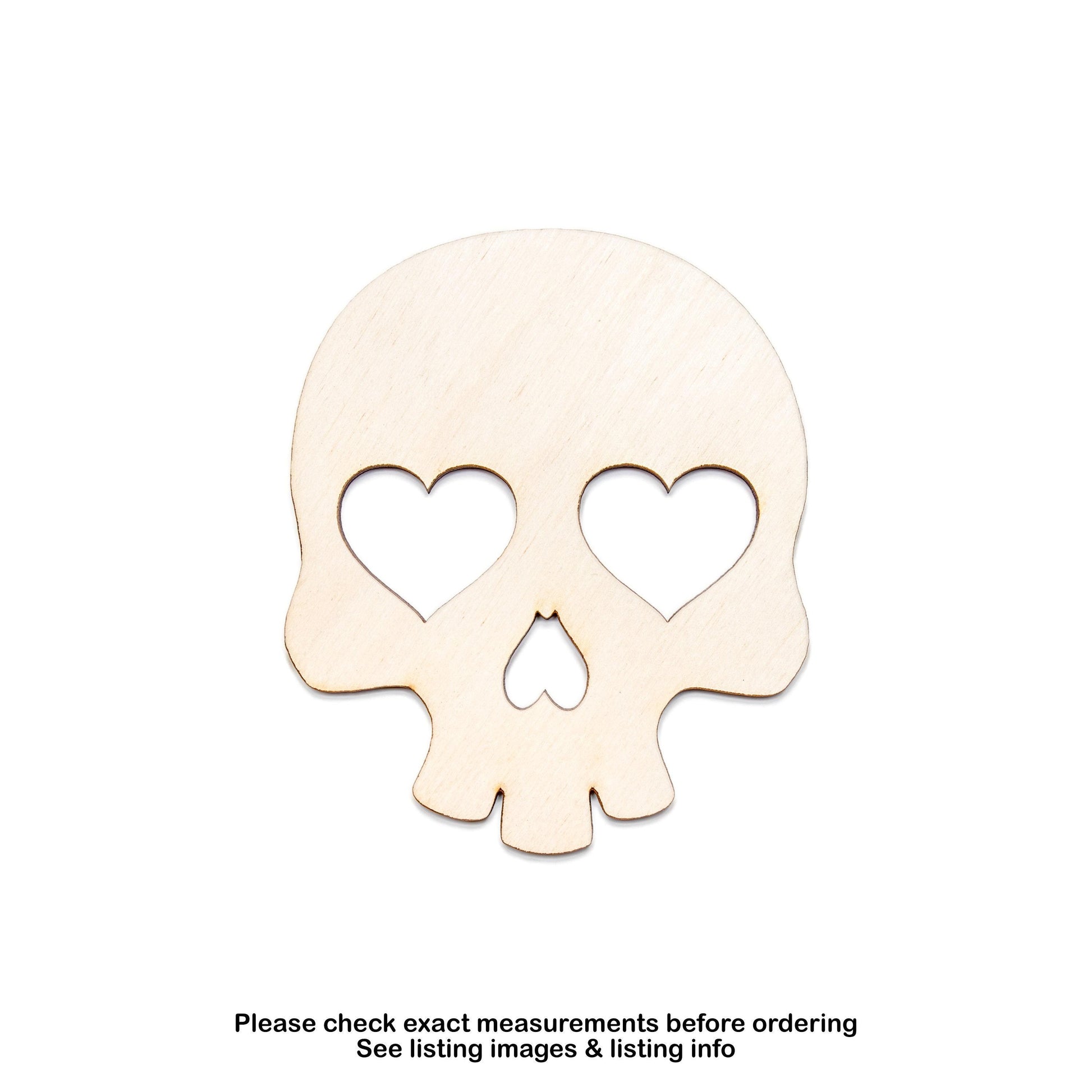 Skull Heart Eyes Wood Cutout - Laser Cut Unfinished Craft Shape - Multiple Sizes