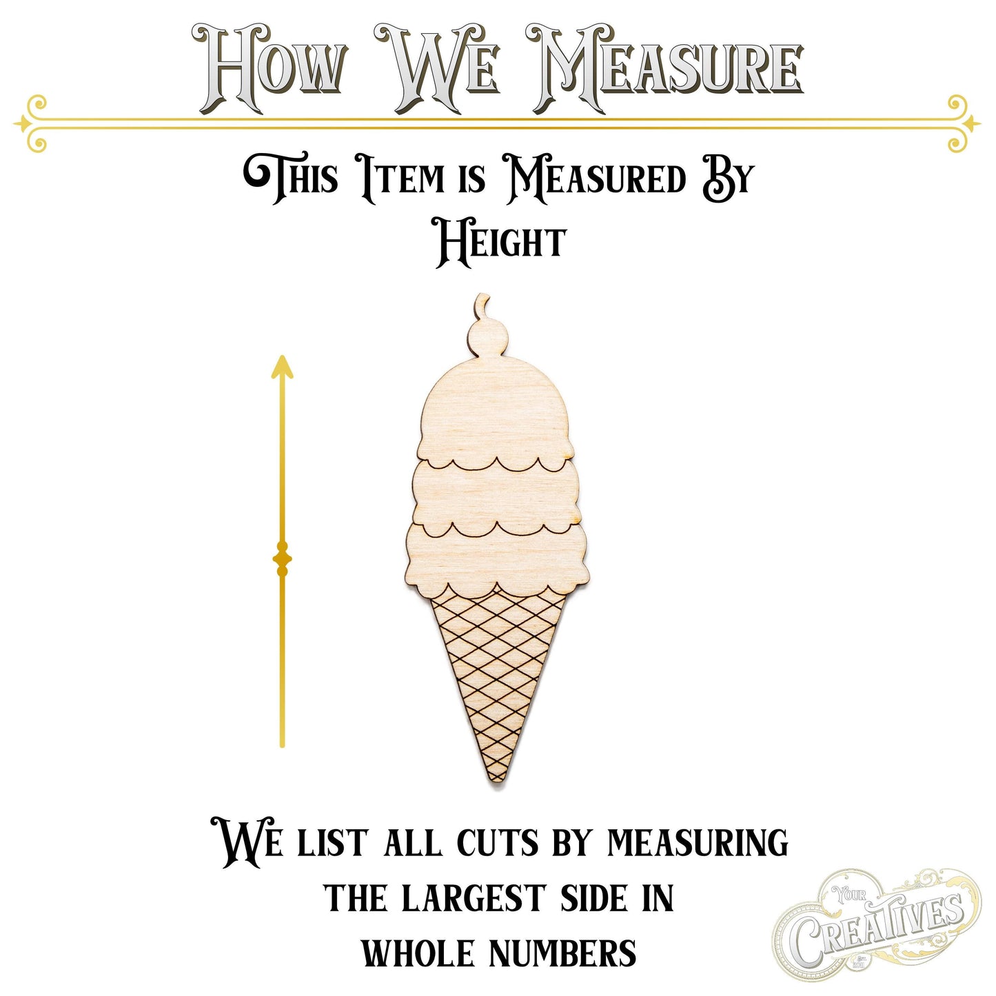 Three Scoop Ice Cream Cone With Cherry Detailed Wood Cutout - Laser Cut Unfinished Craft Shape - Multiple Sizes