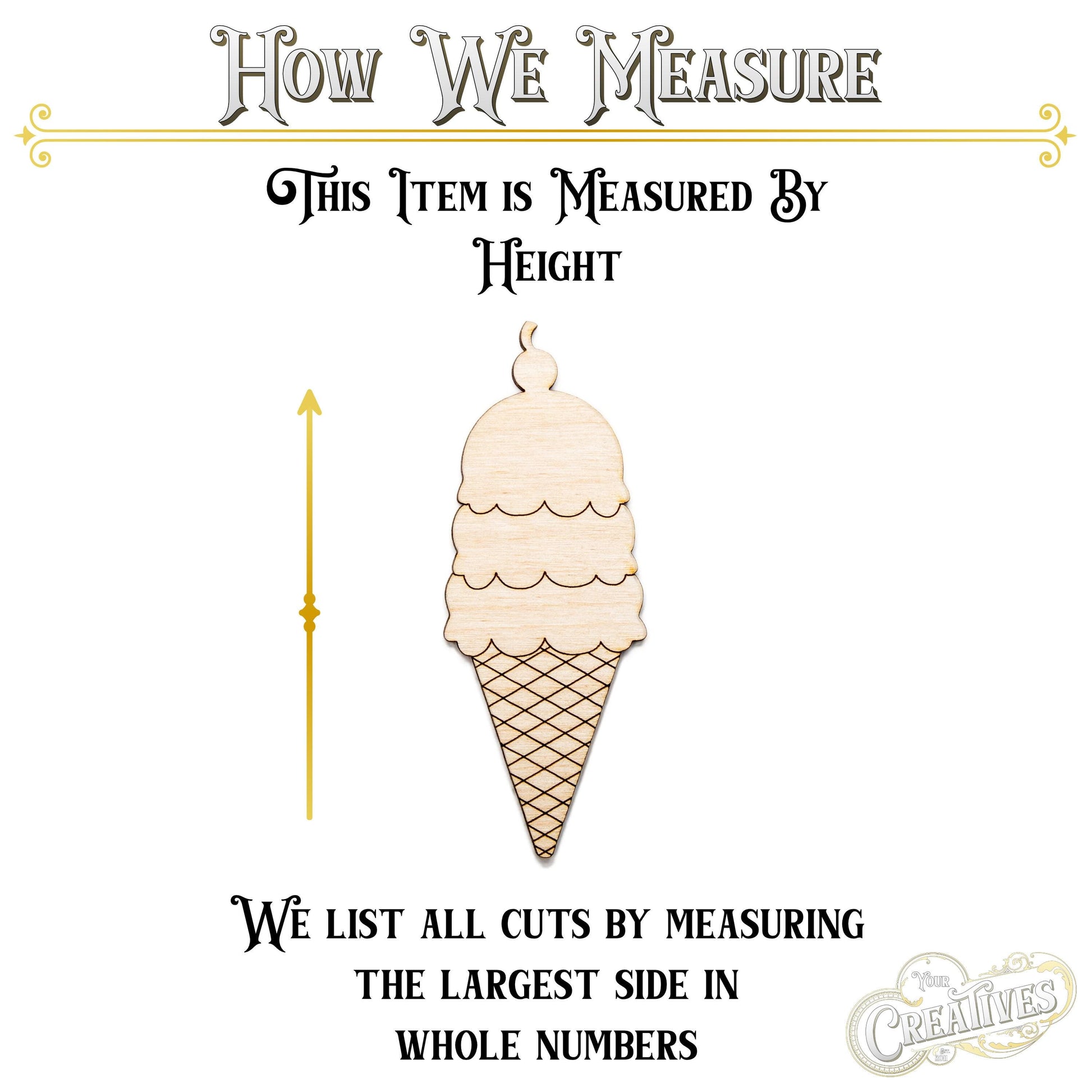 Three Scoop Ice Cream Cone With Cherry Detailed Wood Cutout - Laser Cut Unfinished Craft Shape - Multiple Sizes