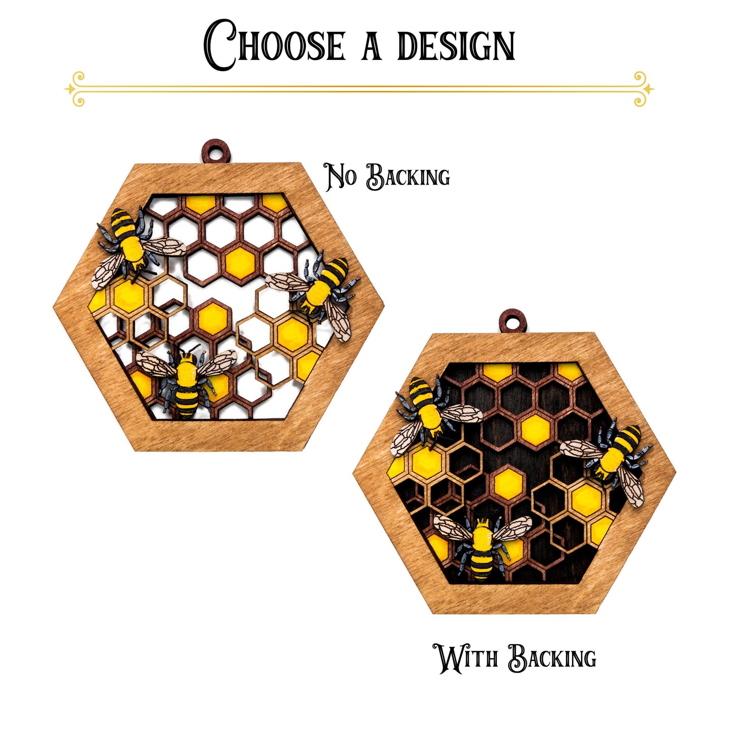 Honeycomb With Bees Painted Wood Ornament - Laser Cut Nature Holiday Craft Shape