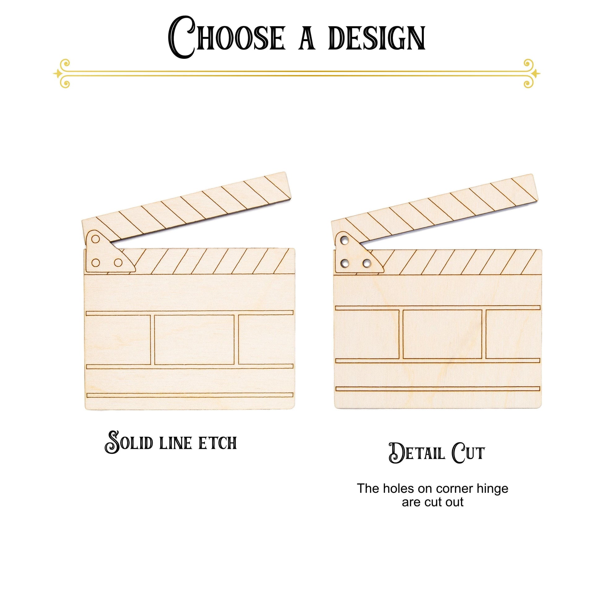 Film Clapper Board Detailed Wood Cutout - Laser Cut Unfinished Craft Shape - Multiple Sizes