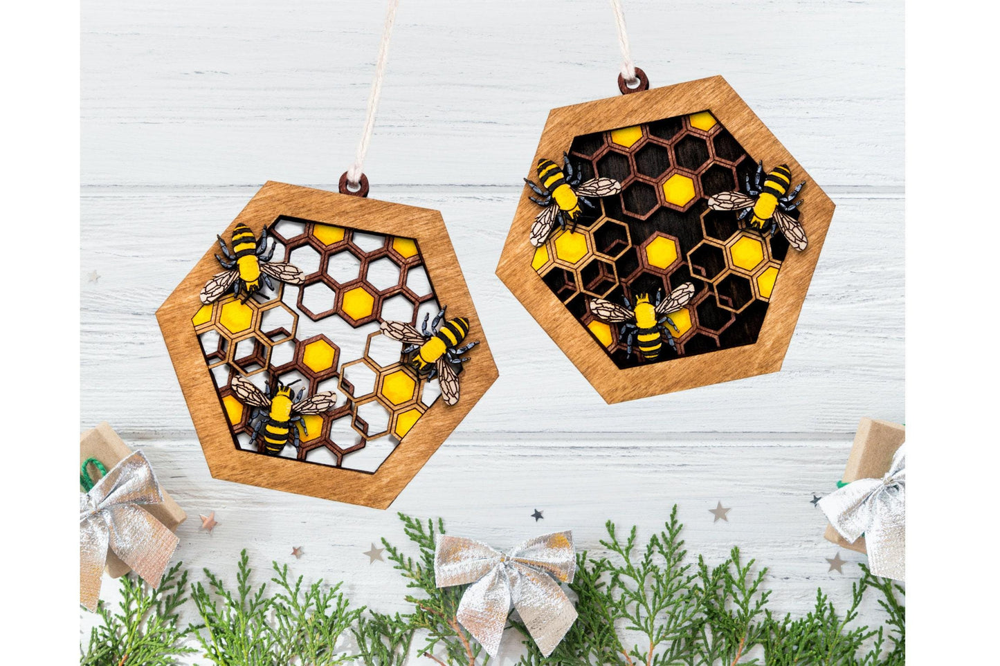 Honeycomb With Bees Painted Wood Ornament - Laser Cut Nature Holiday Craft Shape