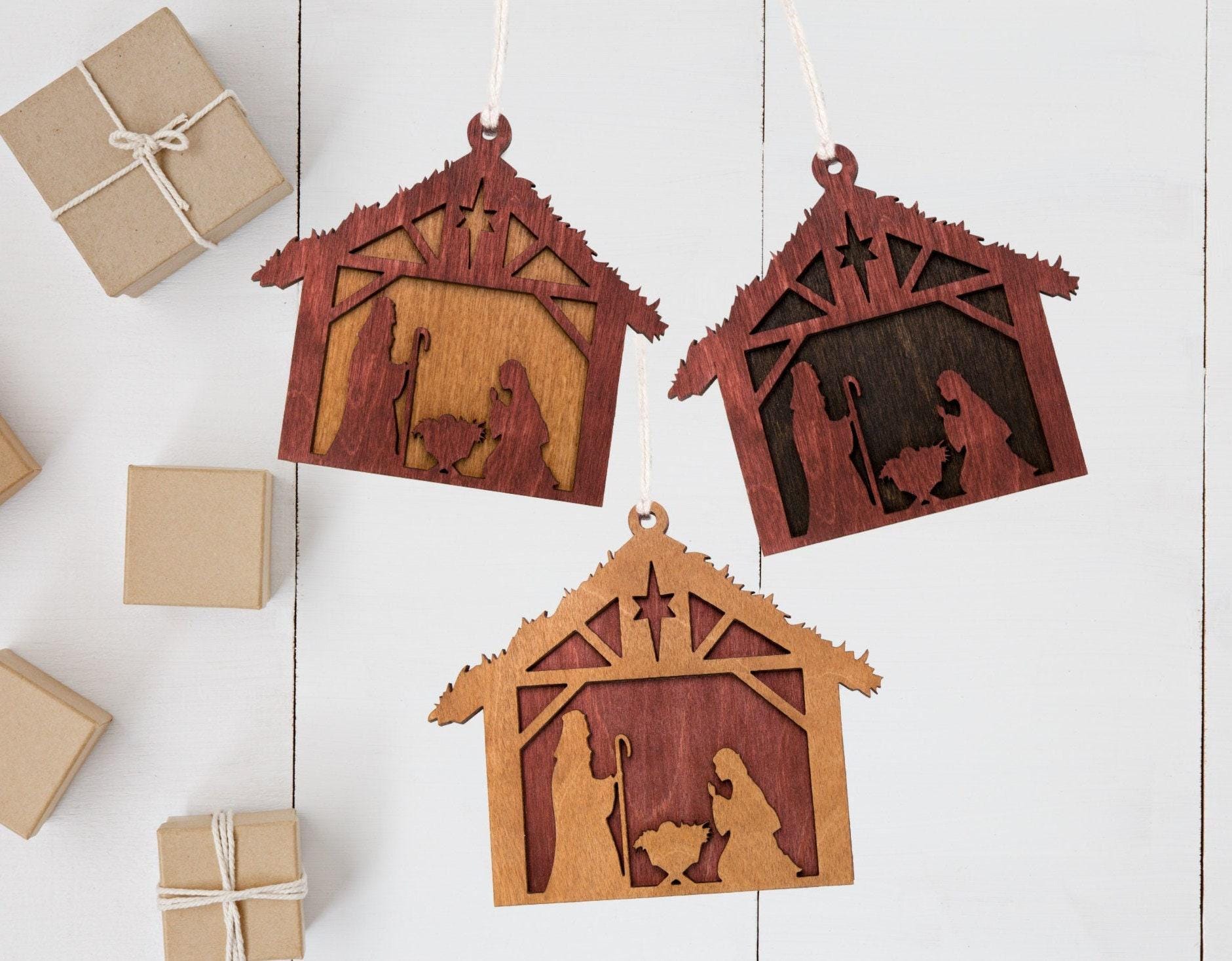 Nativity Scene Layered Multi-Colored Wood Ornament - Laser Cut Holiday Craft Shape