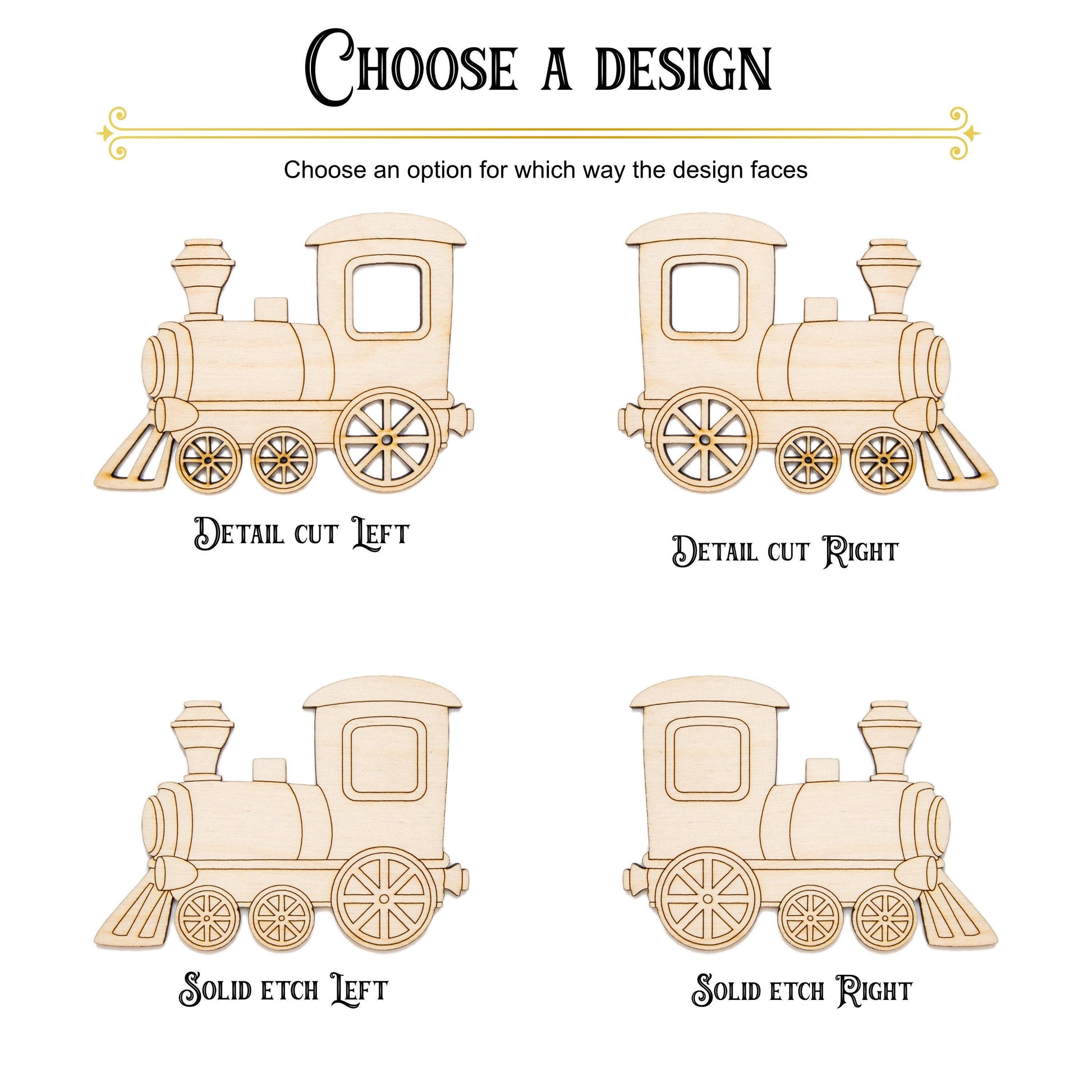 Train Detailed Wood Cutout - Laser Cut Unfinished Craft Shape - Multiple Sizes