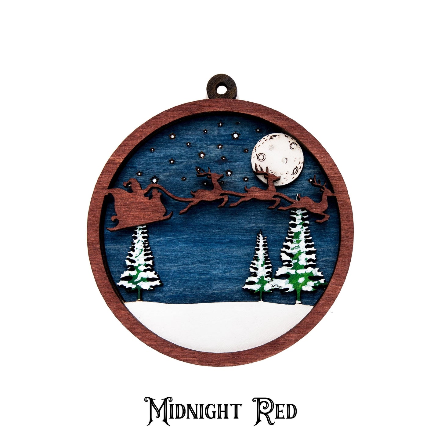 Santa And His Reindeer Flying Painted Wood Ornament - Laser Cut Christmas Ornament - Multiple Sizes