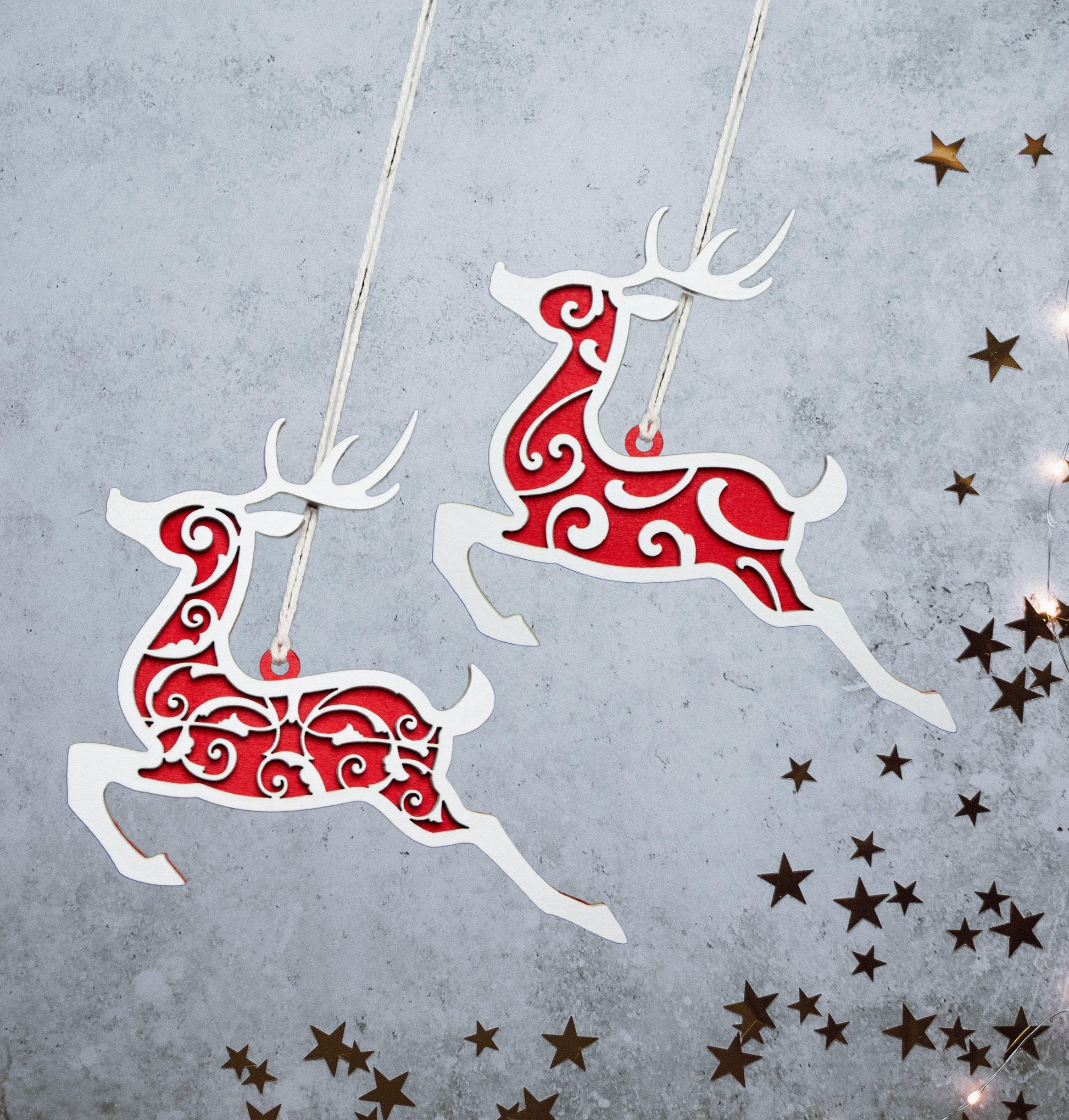 Flying Reindeer Painted Layered Wood Ornament - Laser Cut Christmas Ornament - Multiple Sizes