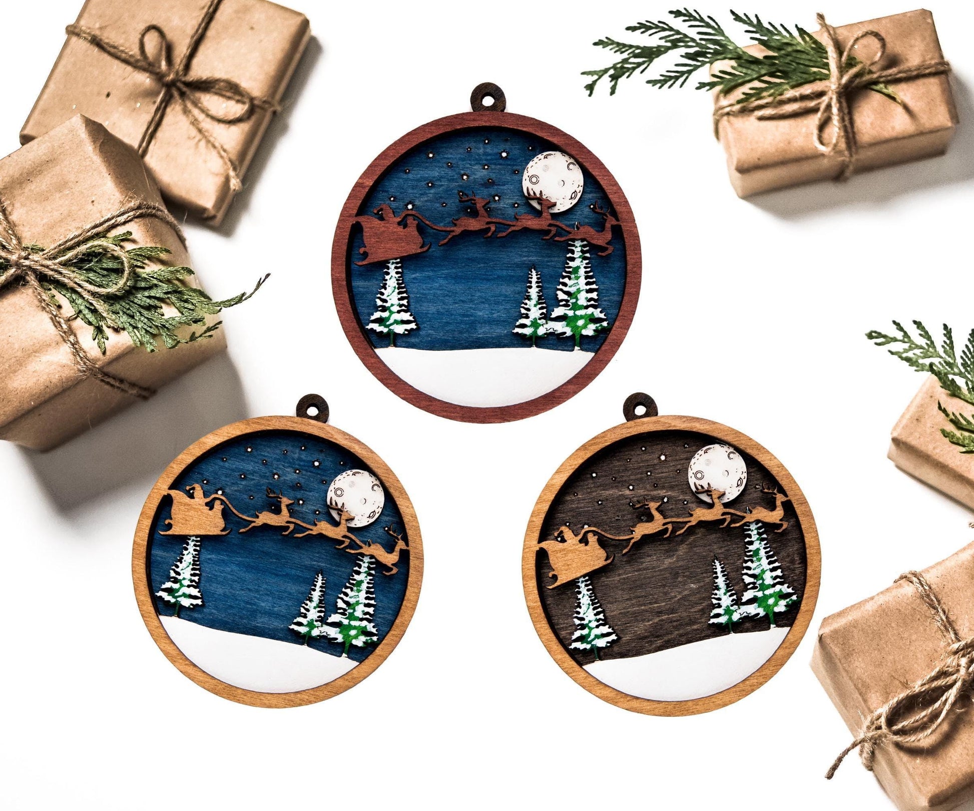 Santa And His Reindeer Flying Painted Wood Ornament - Laser Cut Christmas Ornament - Multiple Sizes