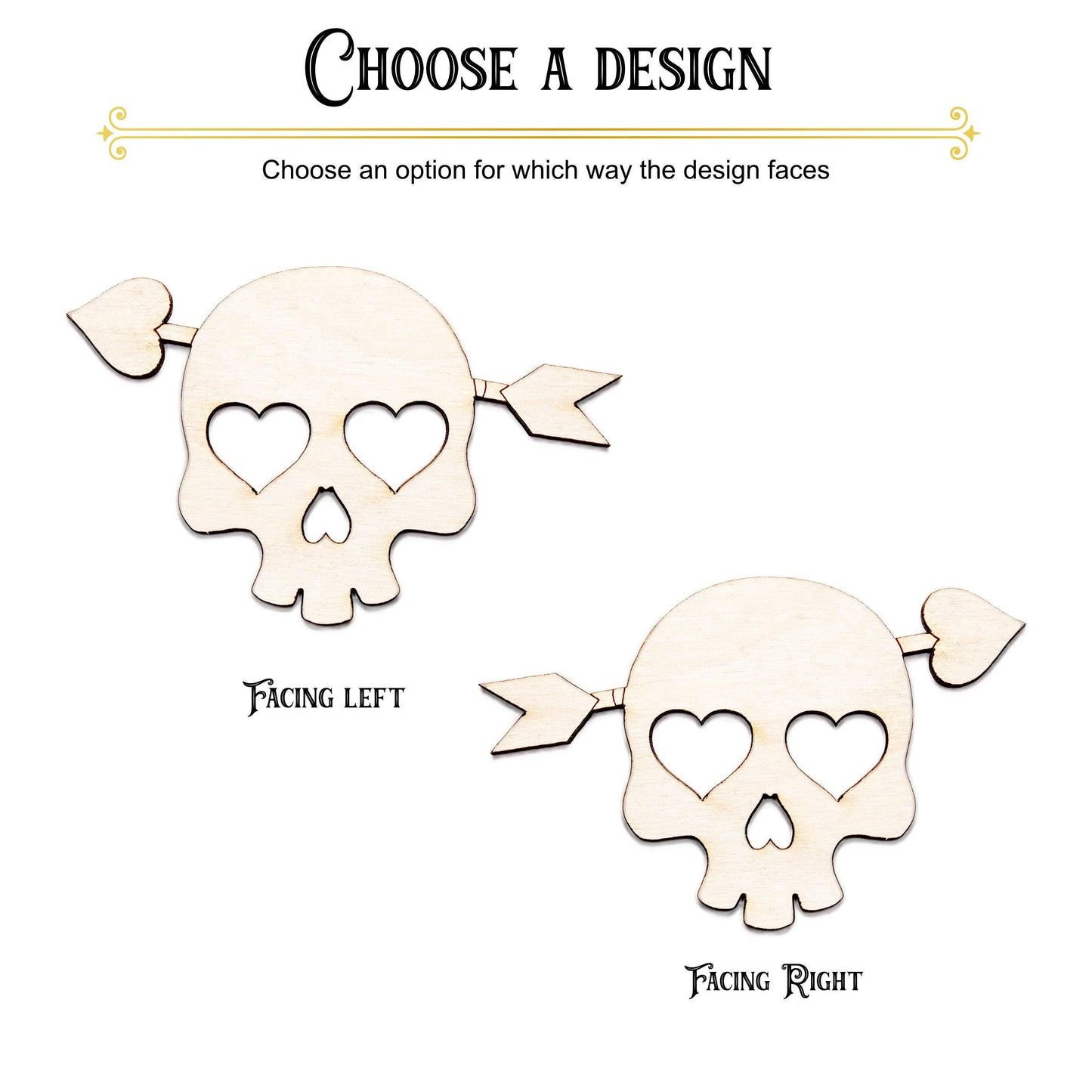 Cute Skull Heart Eyes With Arrow Wood Cutout - Laser Cut Unfinished Craft Shape - Multiple Sizes