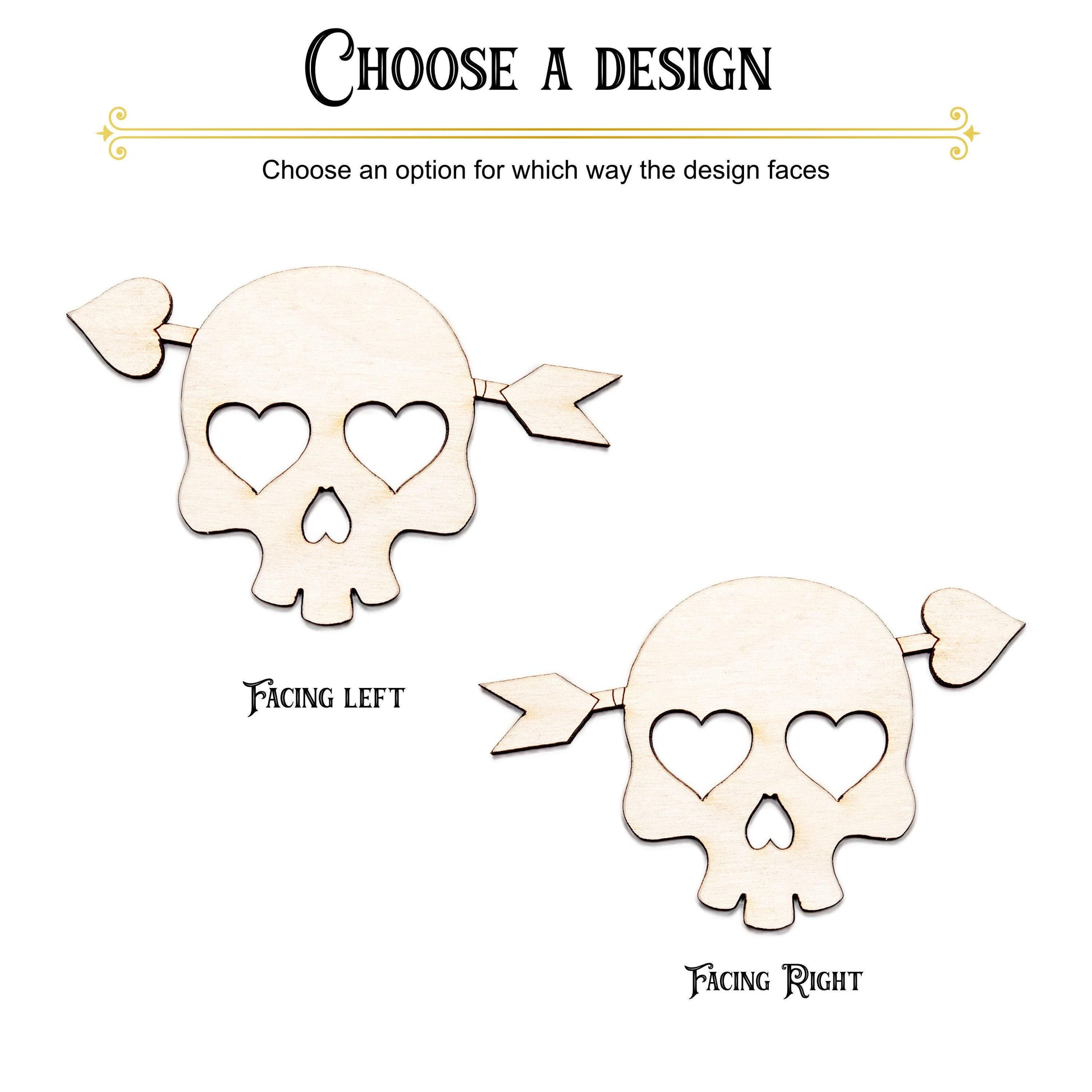 Cute Skull Heart Eyes With Arrow Wood Cutout - Laser Cut Unfinished Craft Shape - Multiple Sizes