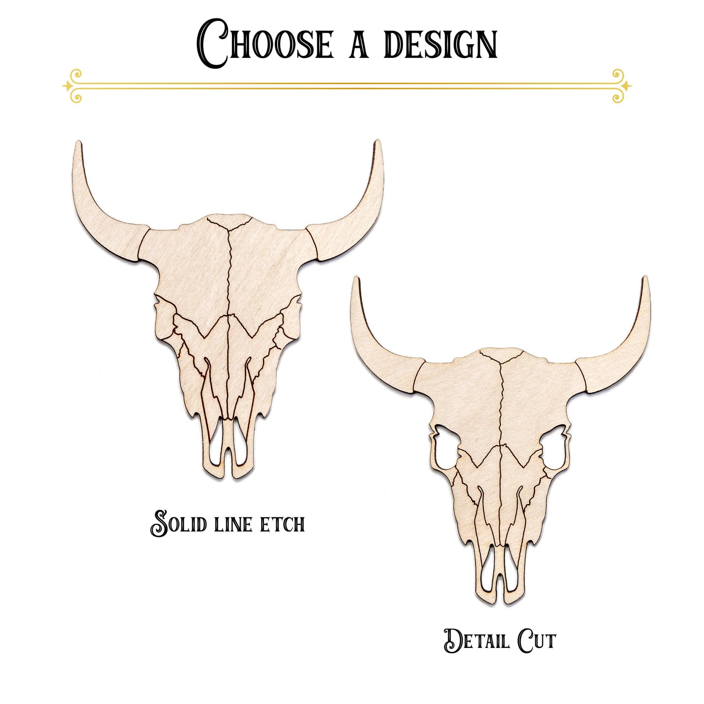 Cow Skull Detailed Wood Cutout - Laser Cut Unfinished Craft Shape - Multiple Sizes