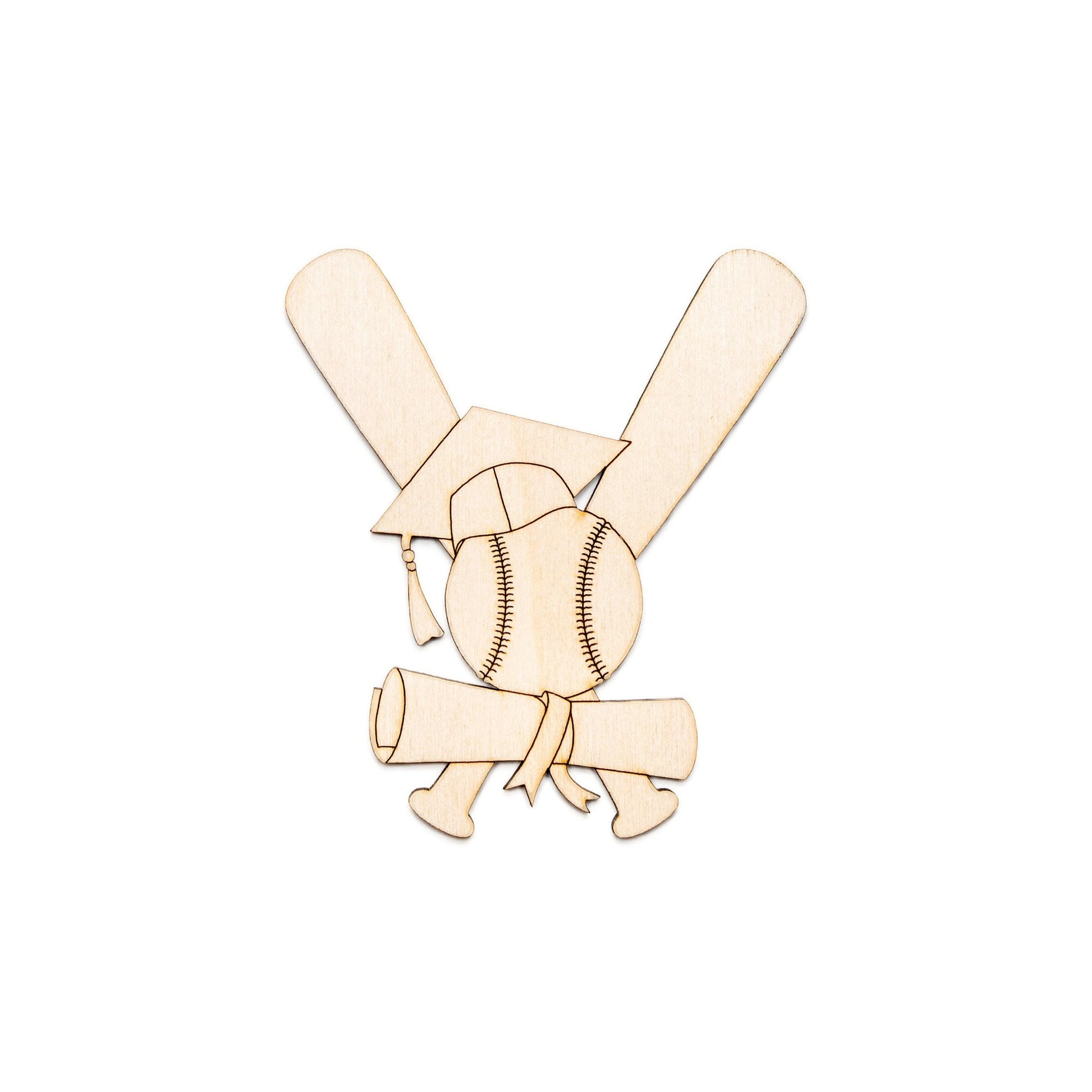 Baseball Graduation Emblem Wood Cutout - Laser Cut Unfinished Craft Shape - Multiple Sizes