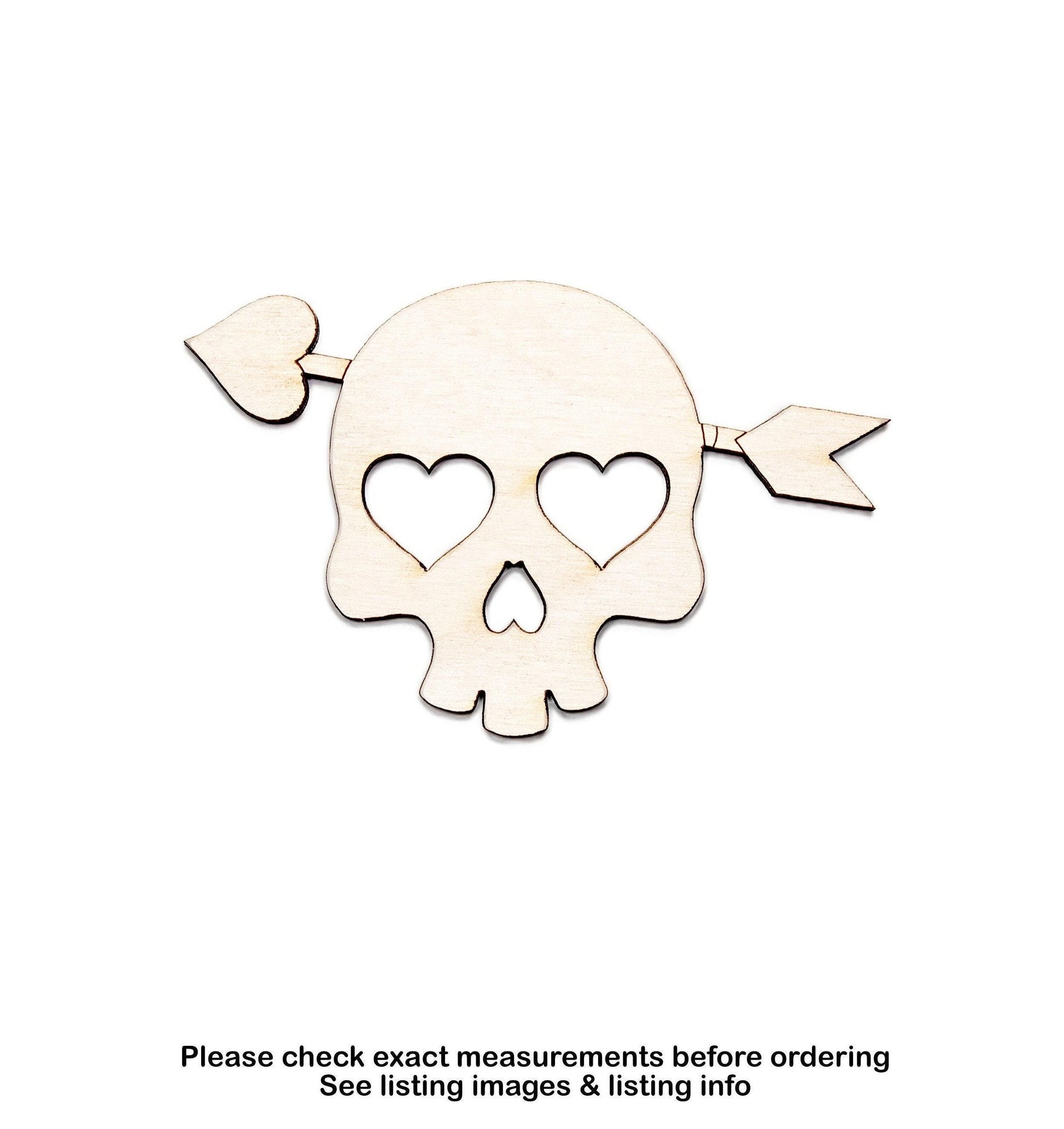 Cute Skull Heart Eyes With Arrow Wood Cutout - Laser Cut Unfinished Craft Shape - Multiple Sizes
